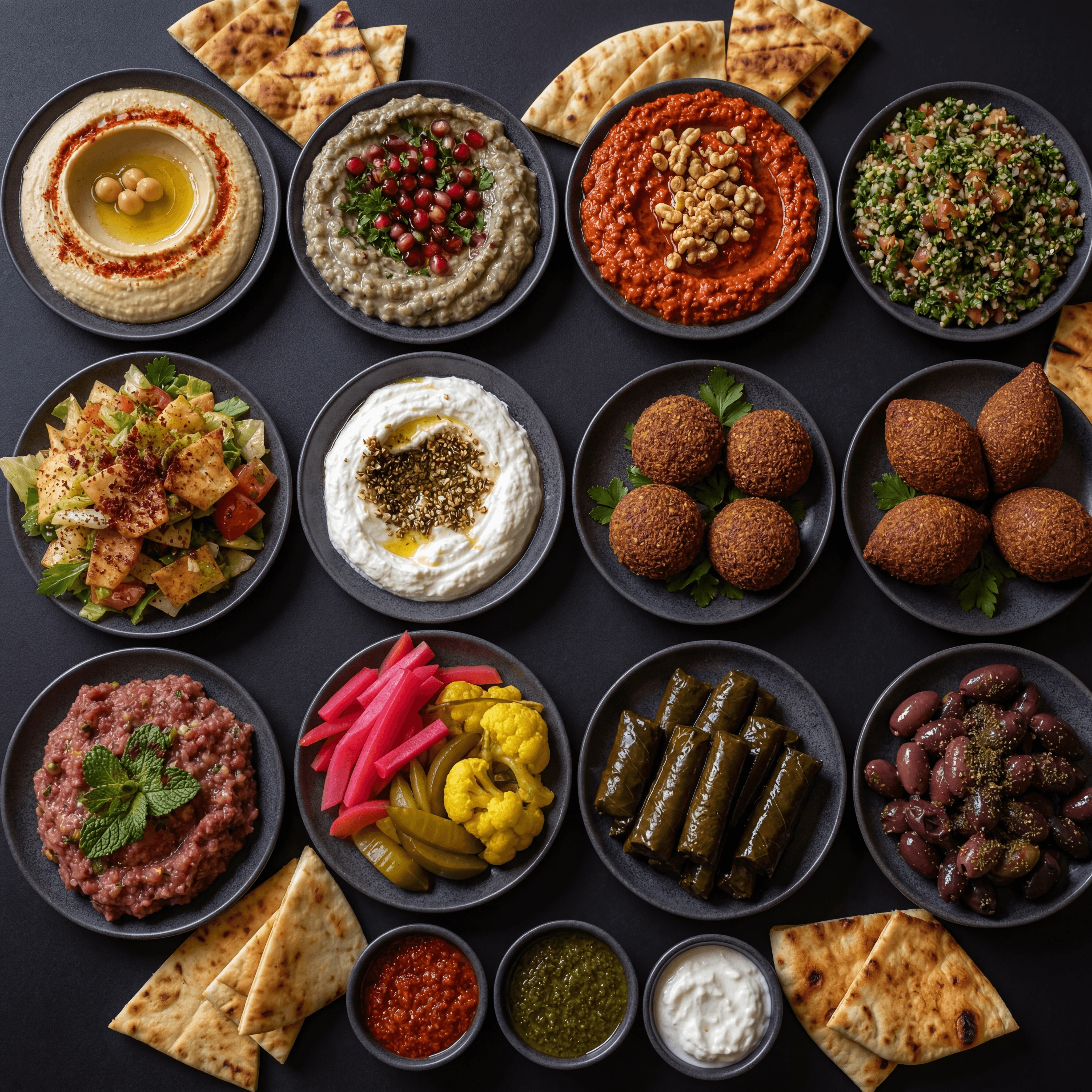 Large Lebanese mezze spread 12 plates overhead dark monolith dramatic — mezze spread card photography