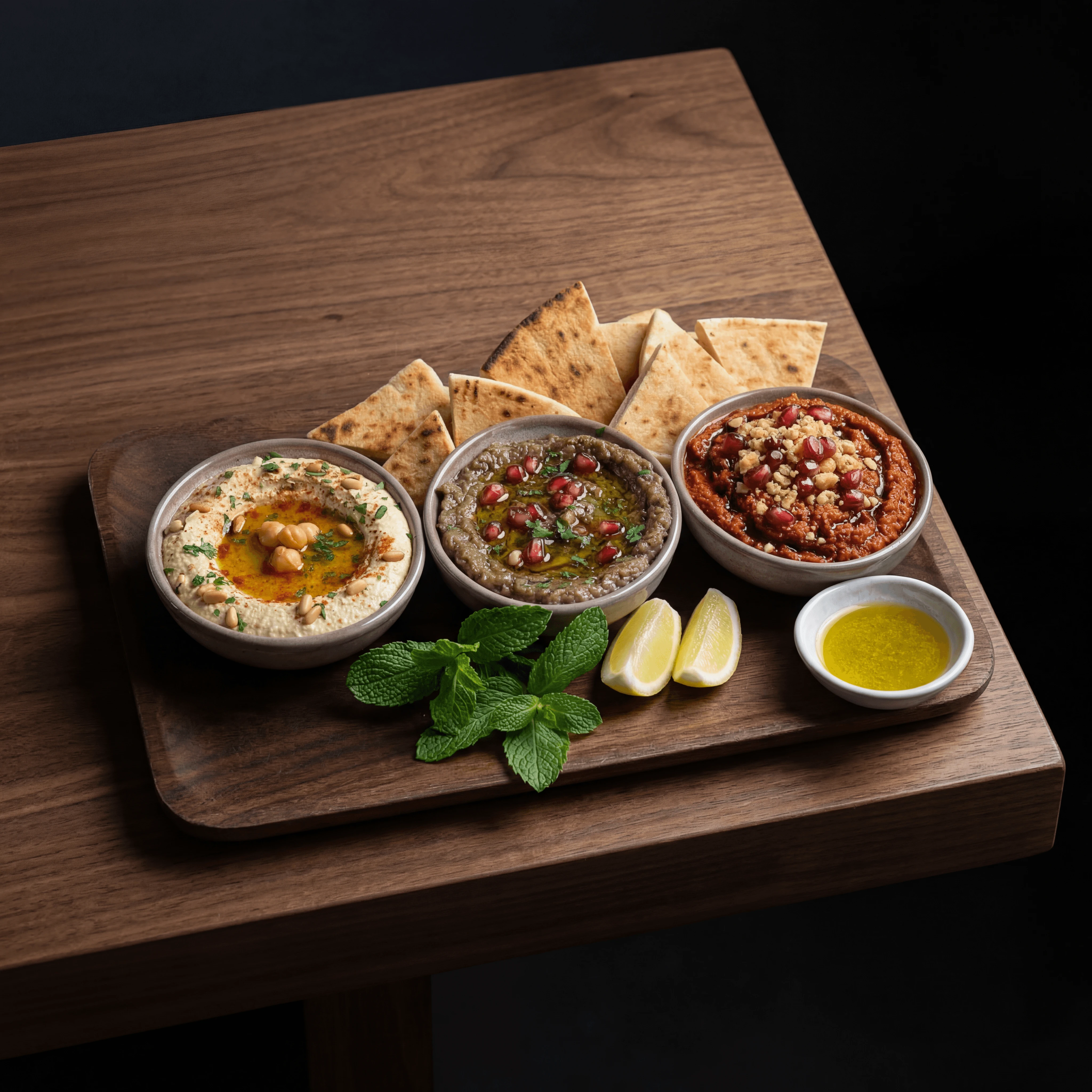 Three Lebanese dip bowls hummus baba ghanoush muhammara dark walnut — dip bowls card photography