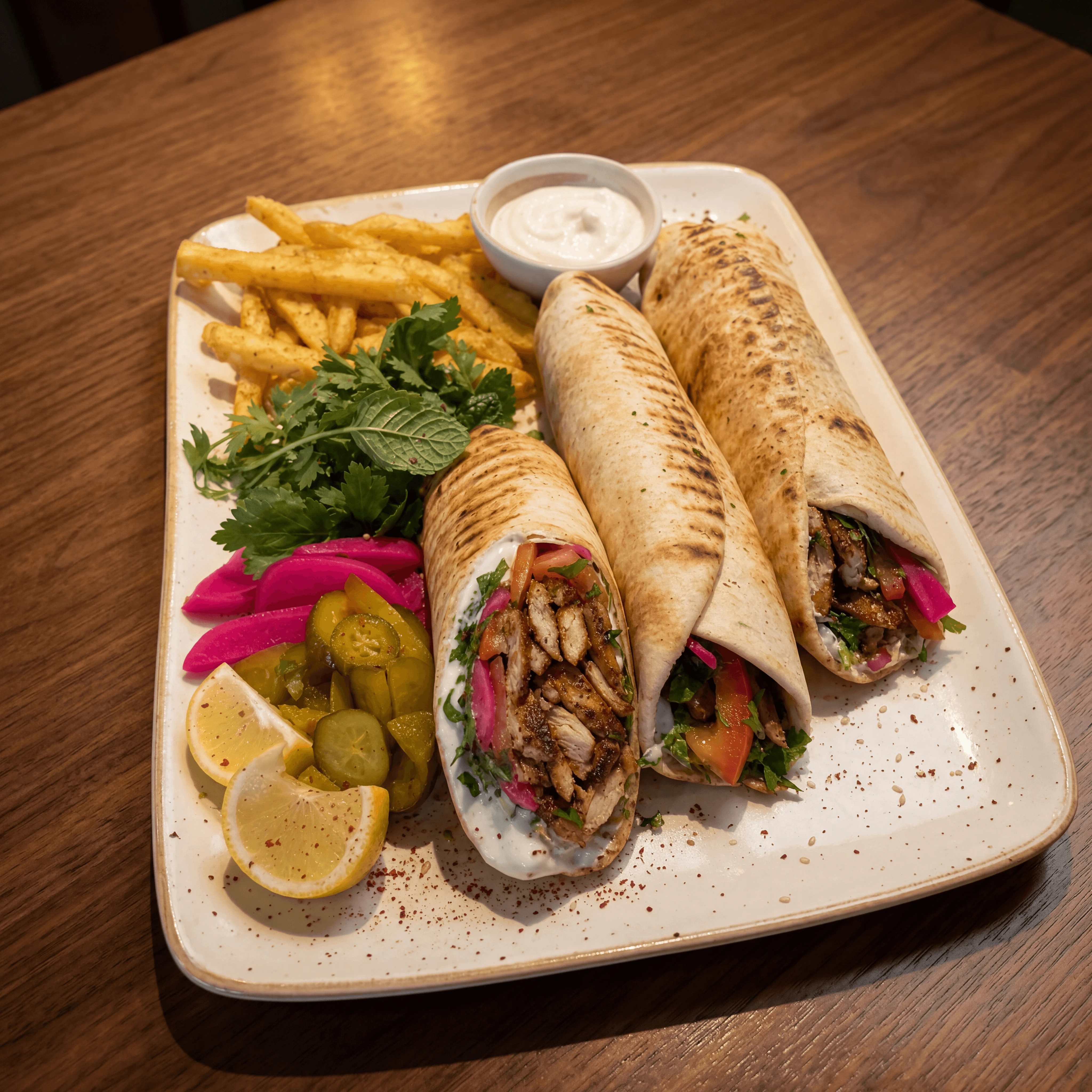 Lebanese chicken shawarma pita wrap toum garlic sauce warm cantina — shawarma wrap card photography