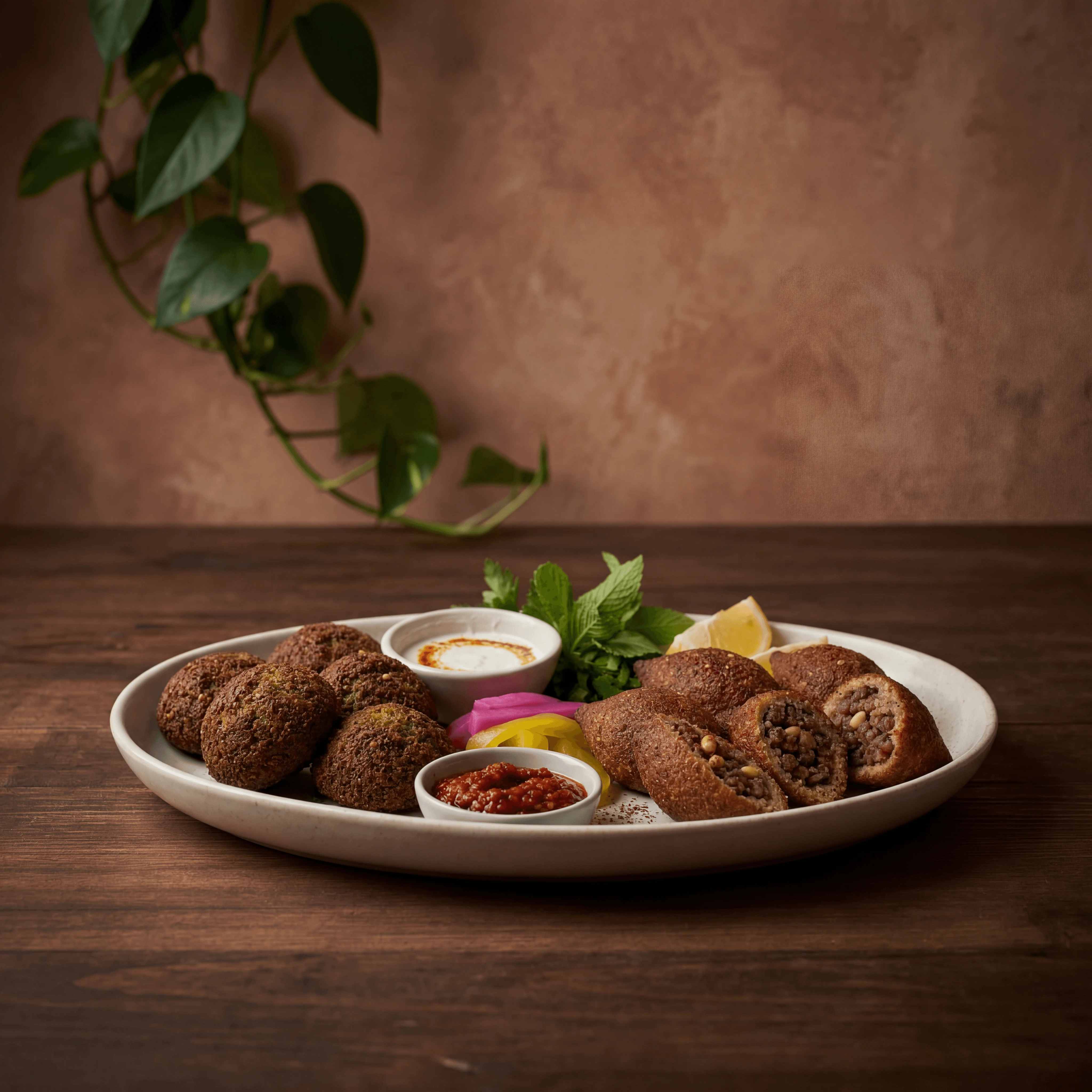 Falafel kibbeh fried golden balls football shape dramatic rustic — falafel kibbeh card photography