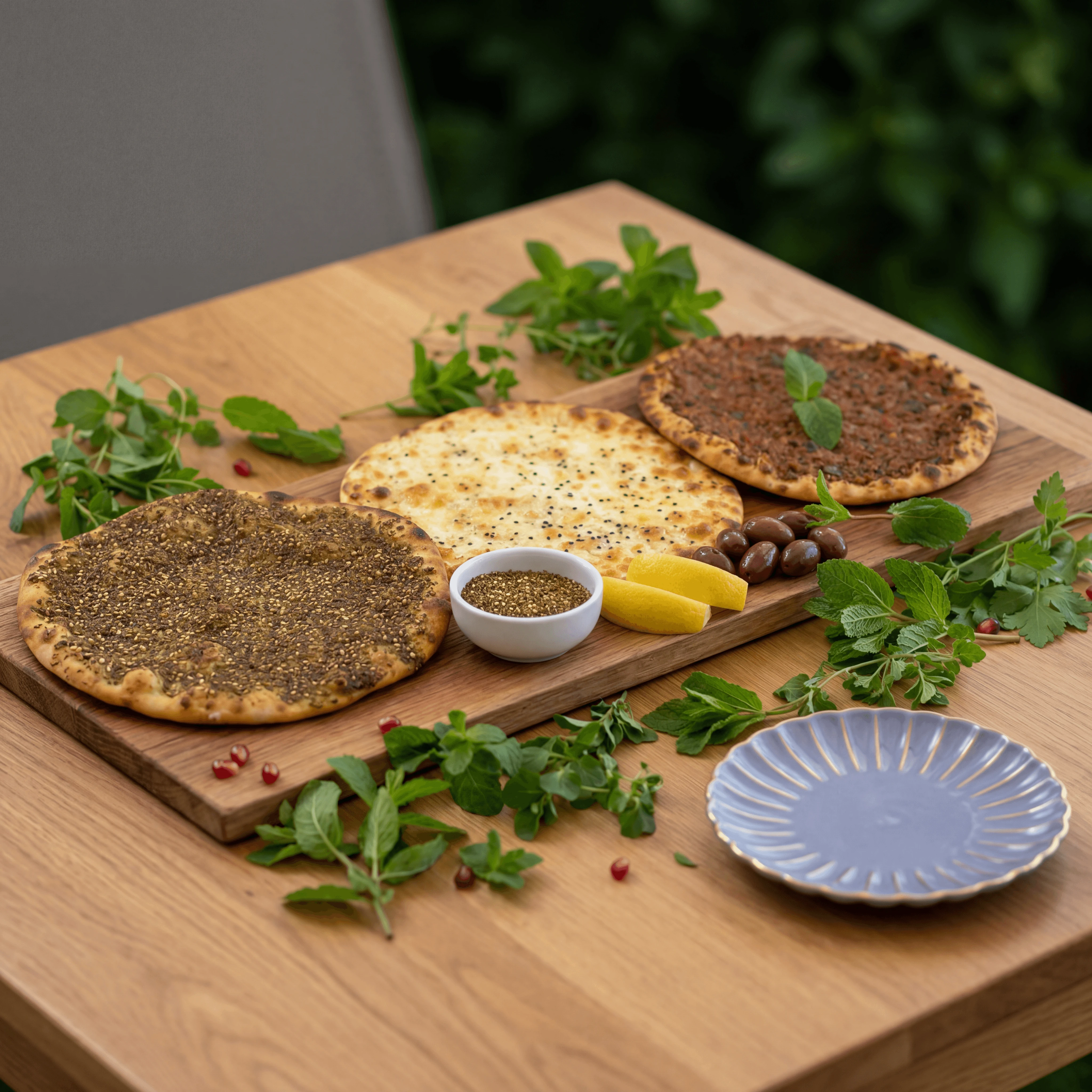 Three manakish flatbreads zaatar cheese meat overhead garden Lebanese — manakish card photography