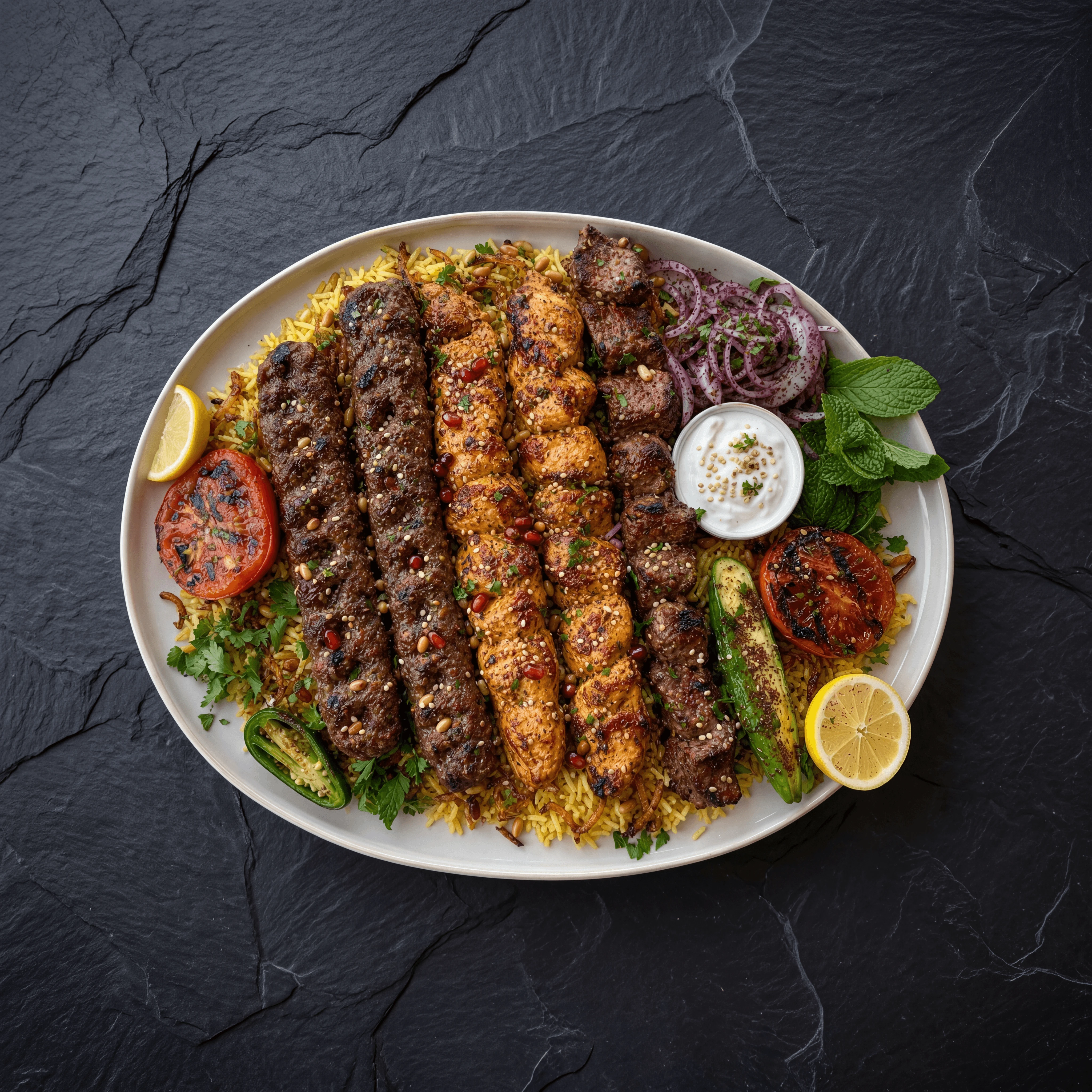 Lebanese kebab platter top down kafta shish tawook sumac onion dramatic — kebab platter card photography