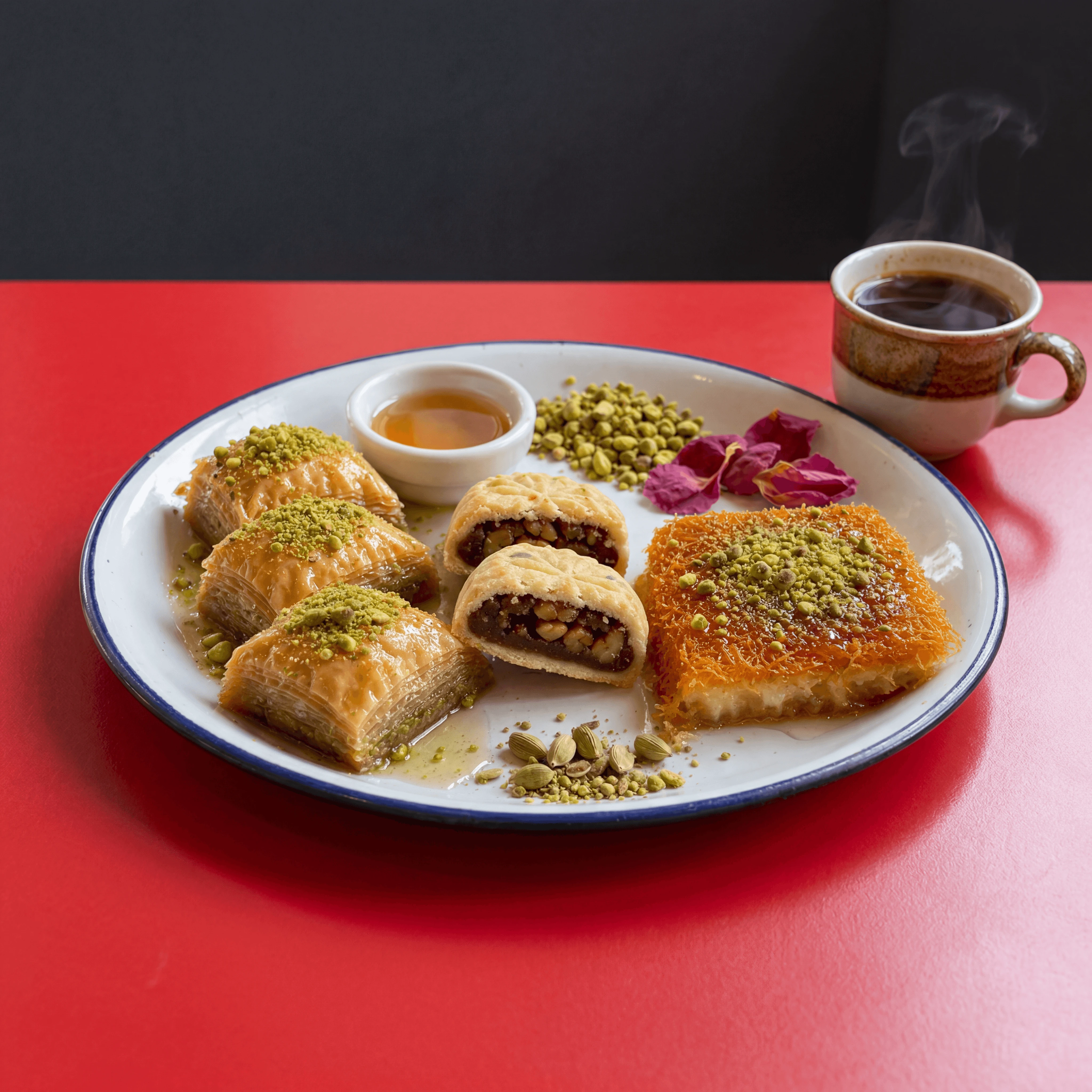 Lebanese baklava pistachio dust knafeh maamoul sweets red cafe — baklava sweets card photography
