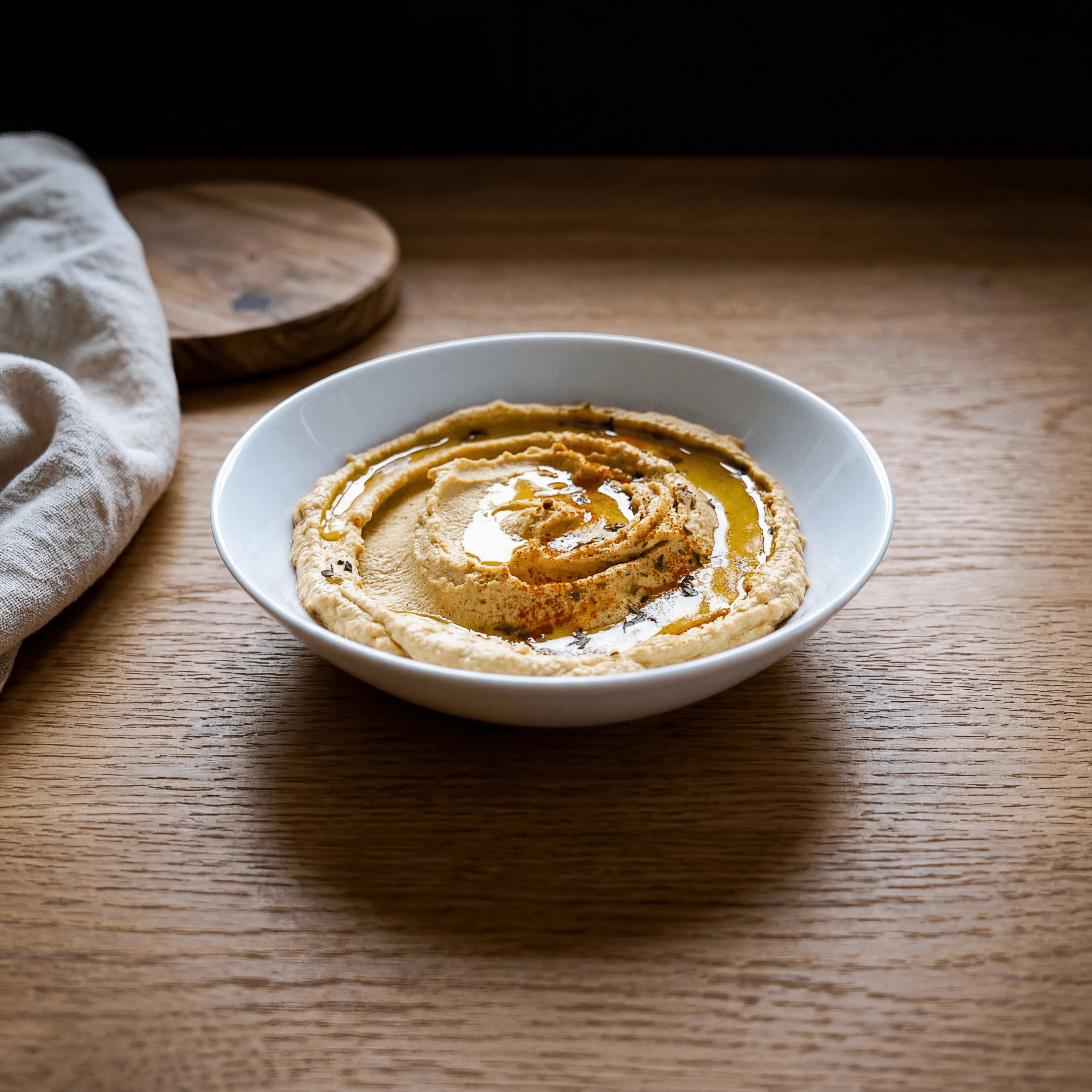 Single hummus bowl swirl olive oil pool paprika macro overhead wood — iconic hummus FAQ sidebar photography