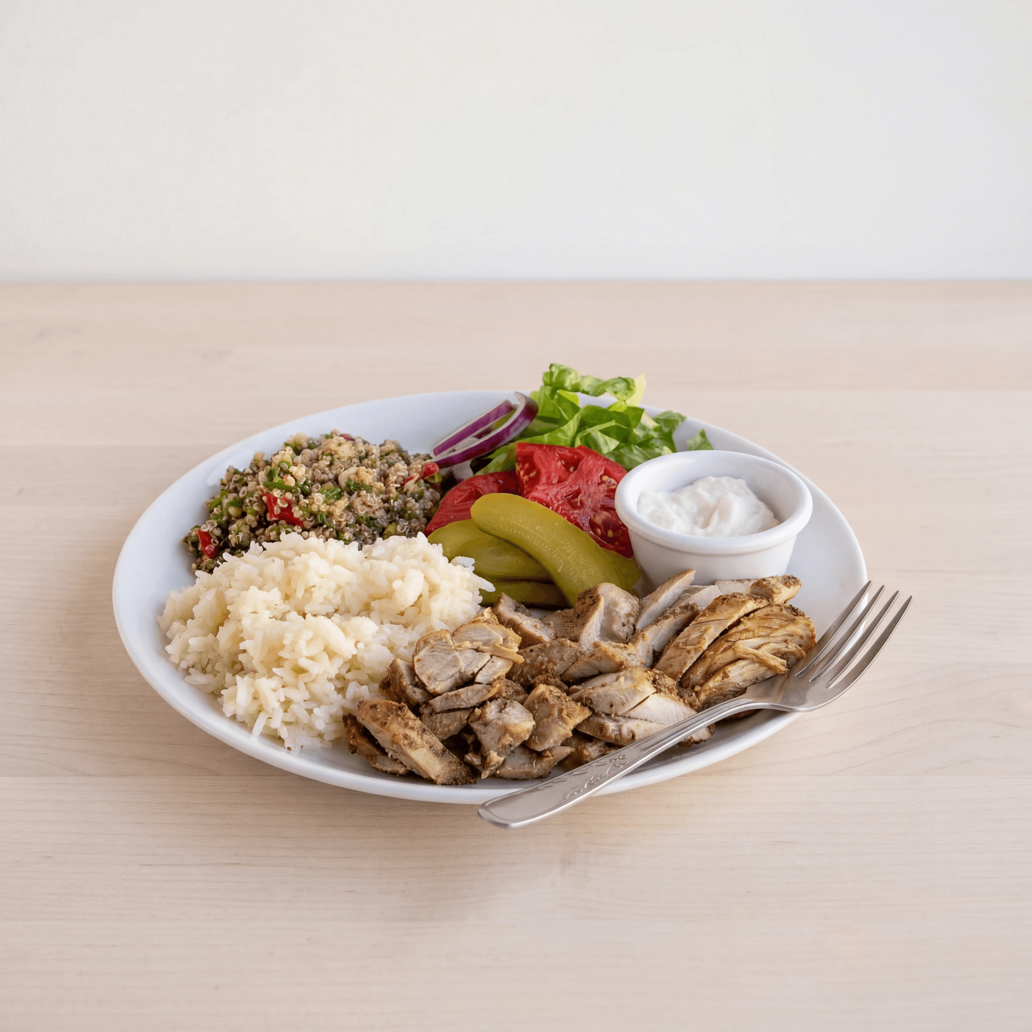 Chicken shawarma plate pita garlic toum sauce parsley pickles — shawarma hero photography