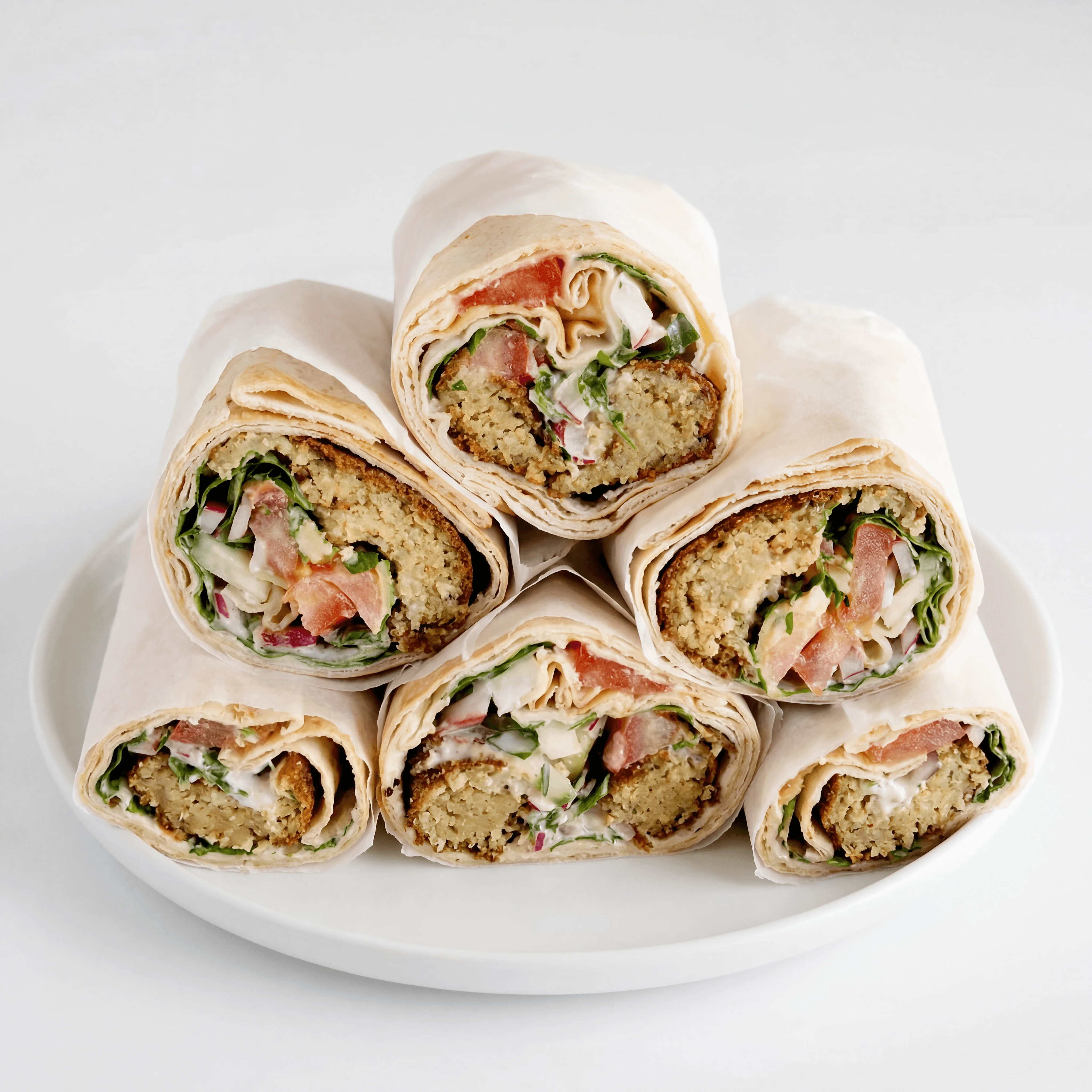 Open falafel pita sandwich tahini parsley pickled turnip cross section — falafel pita hero photography