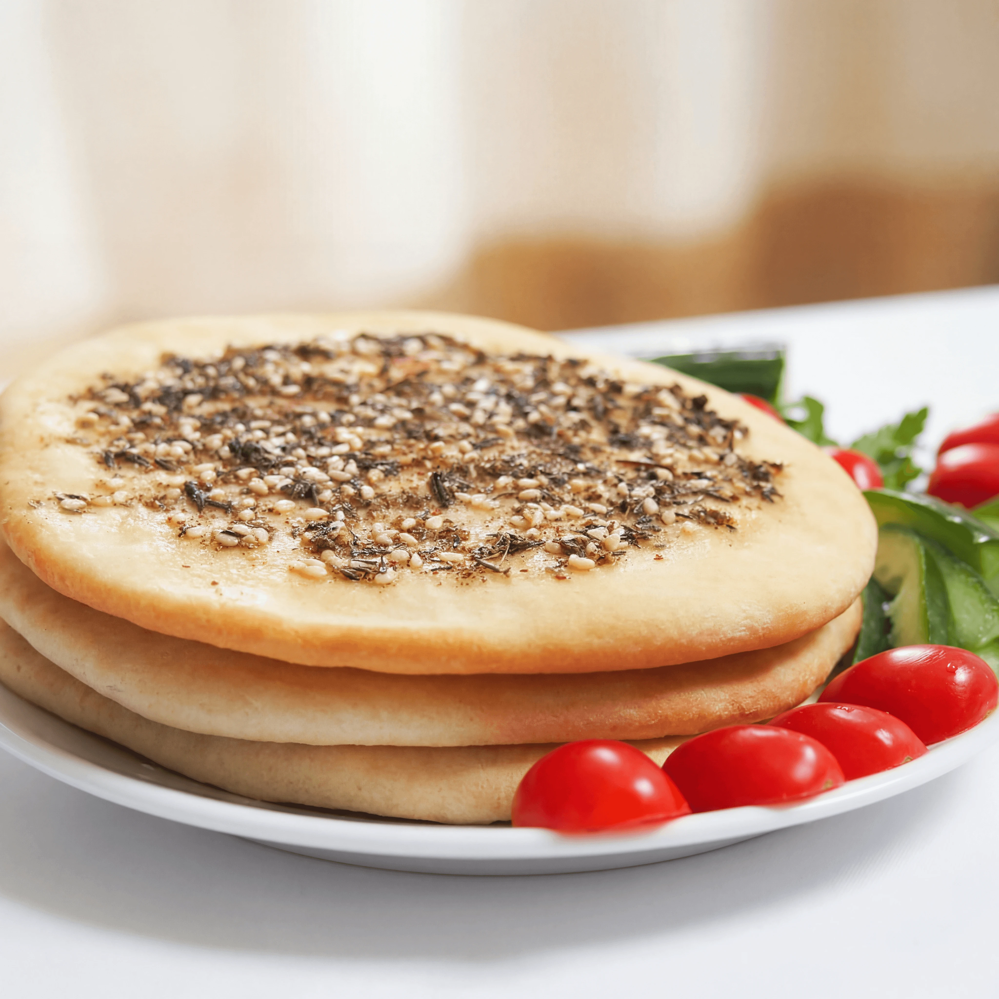 Manakish za atar flatbread olive oil zaatar herb crust open — manakish hero photography
