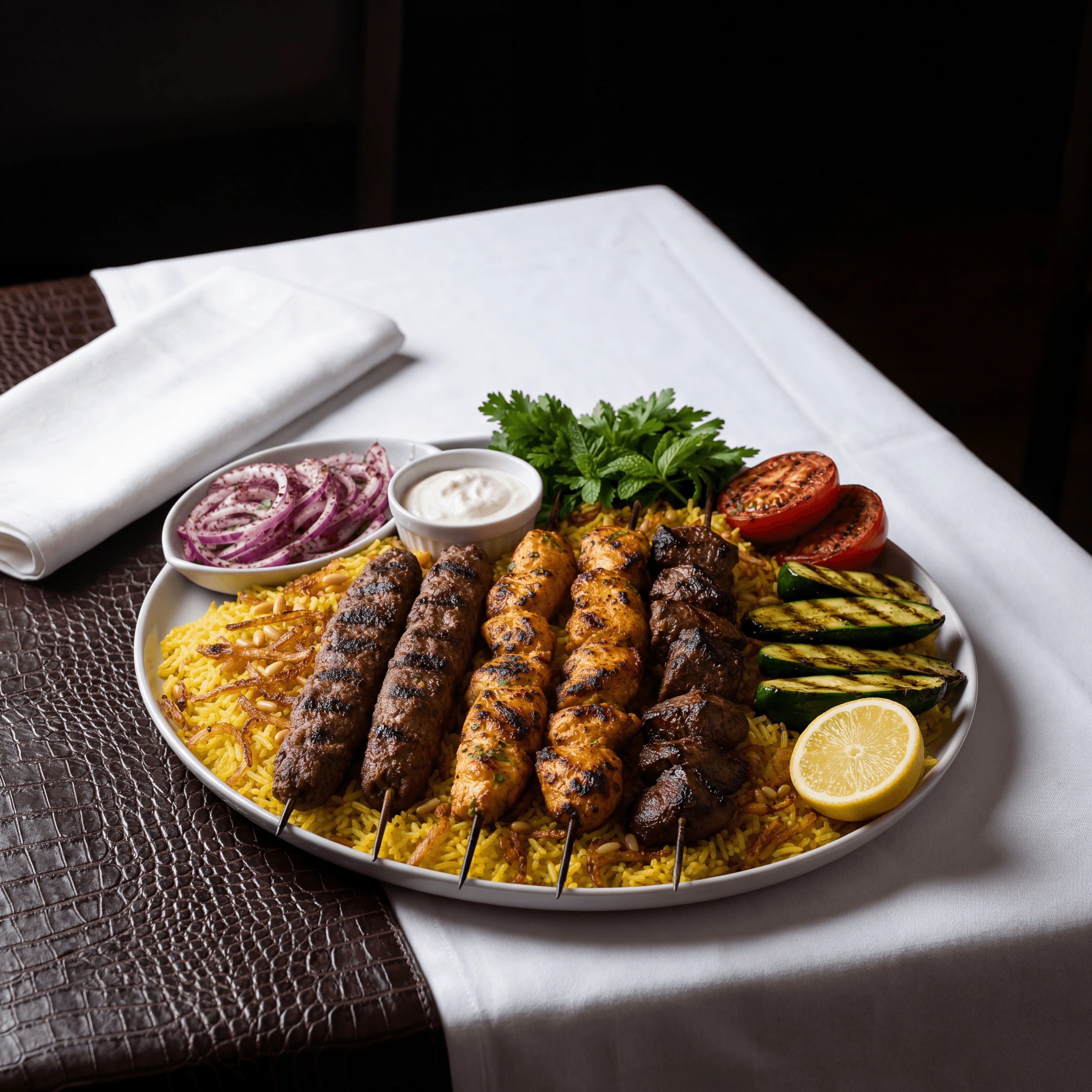 Mixed grill kebab platter kafta shish tawook sumac onion — mixed grill kebab hero photography