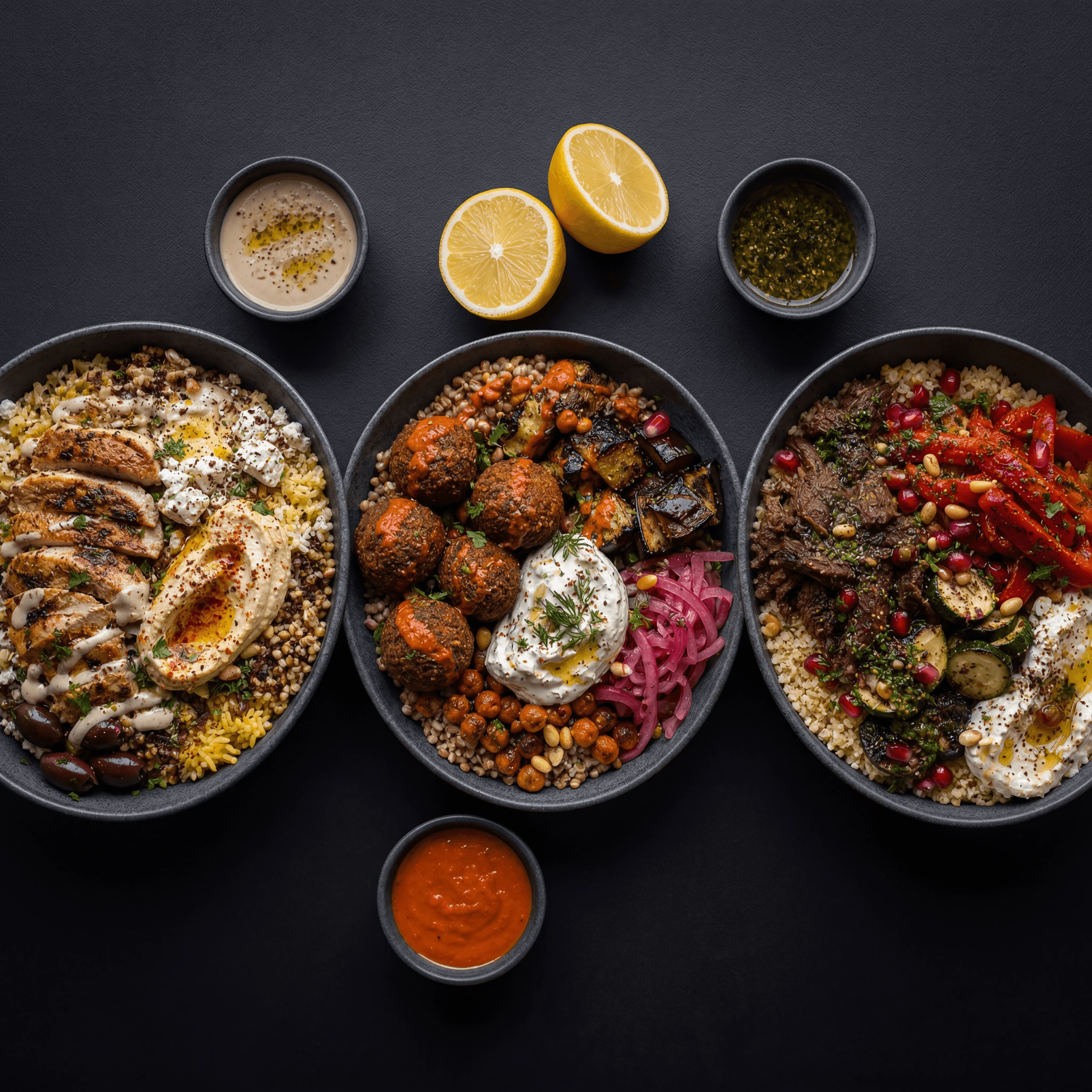 Three Mediterranean grain bowls trio overhead dark monolith dramatic — grain bowl card photography