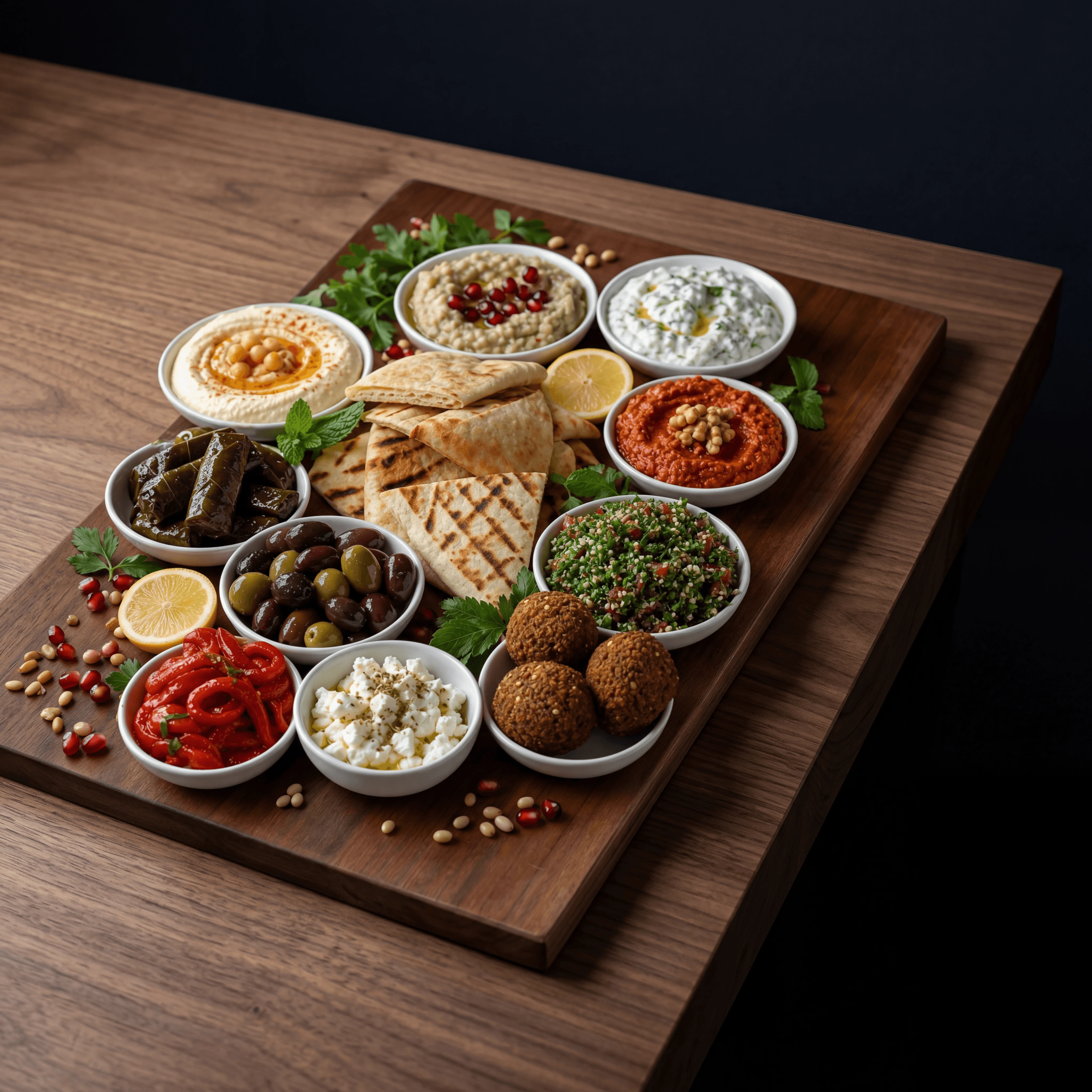 Mediterranean mezze spread many small plates overhead dark walnut sampler — mezze card photography