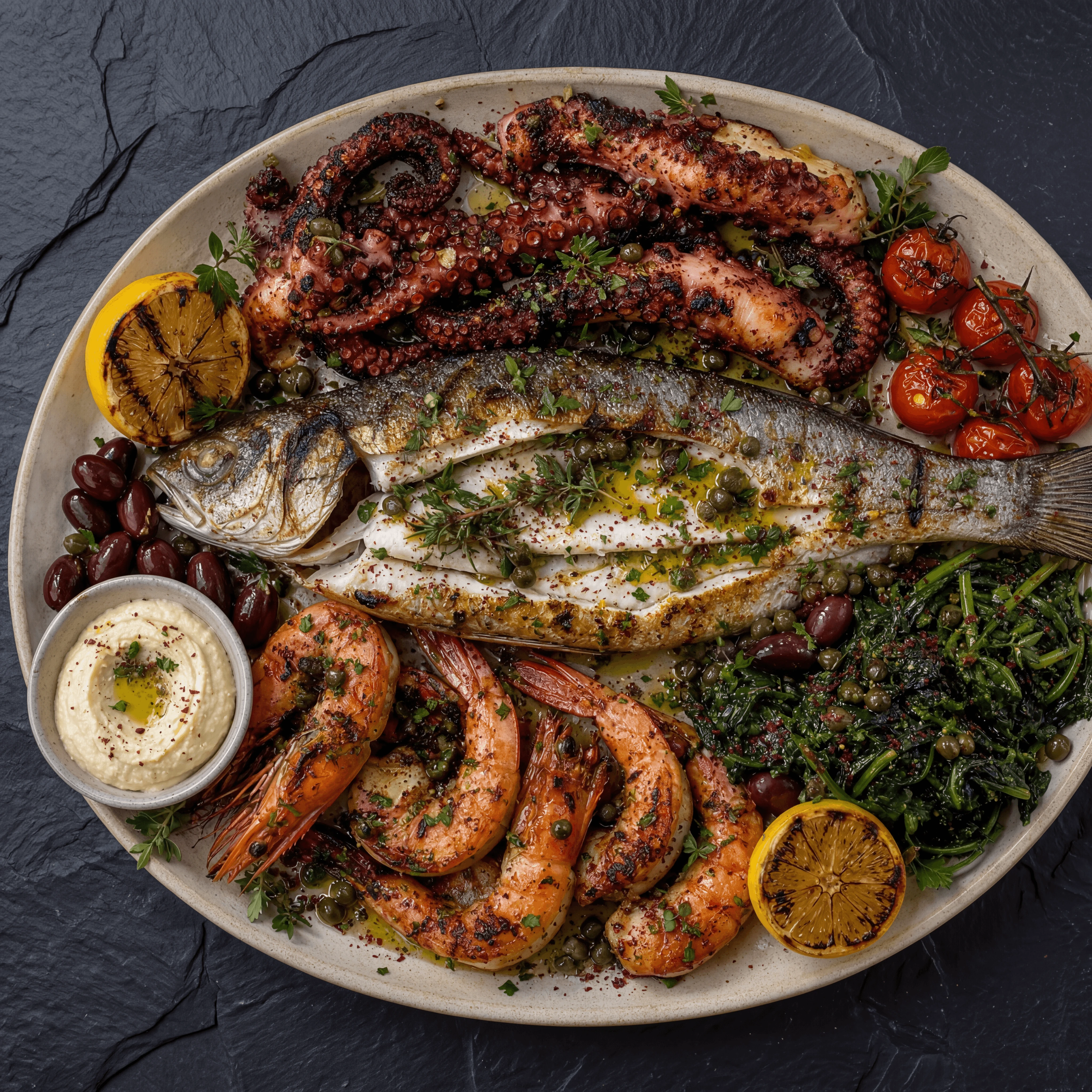 Whole branzino grilled octopus seafood platter overhead dark slate coastal — grilled fish card photography