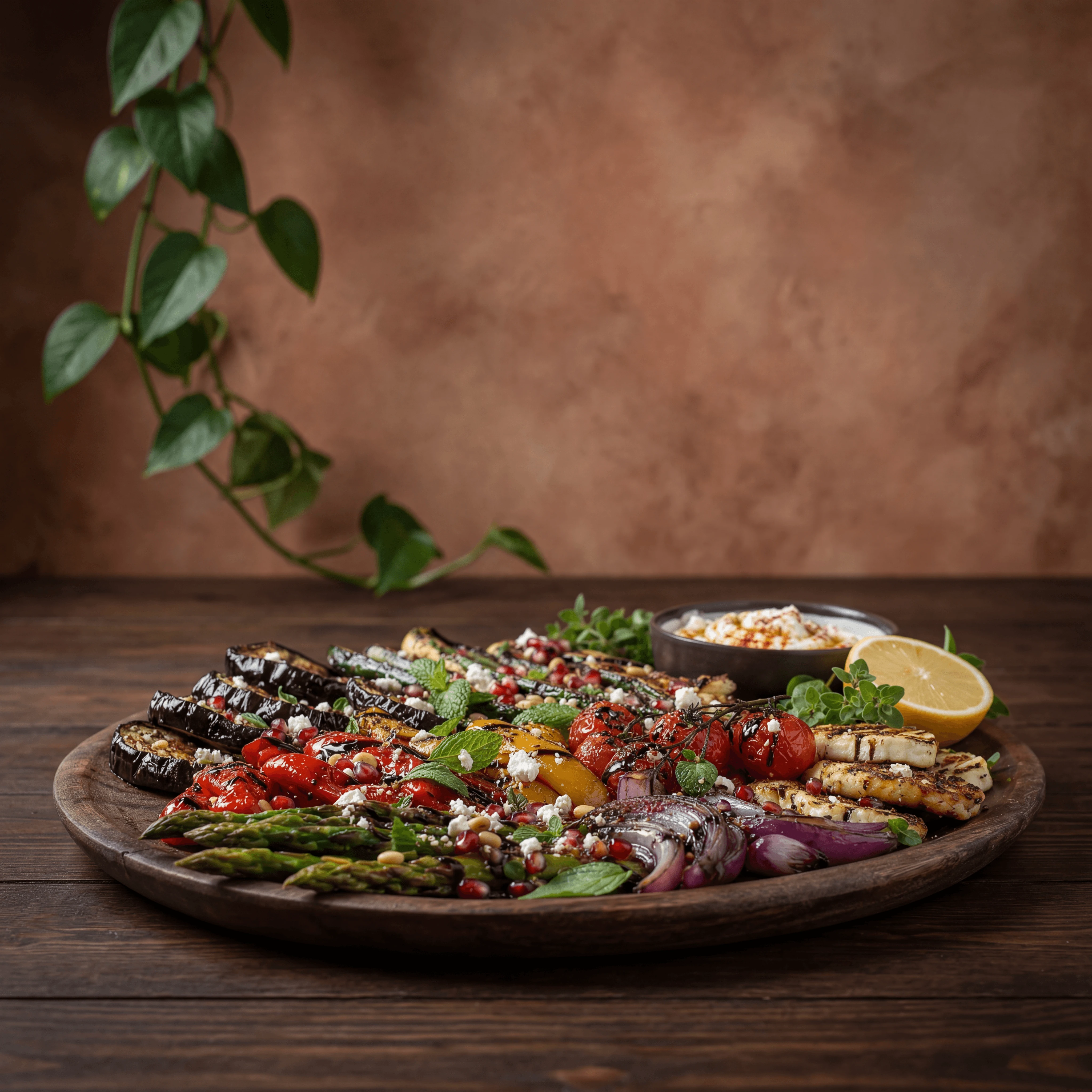 Charred Mediterranean vegetables eggplant zucchini peppers dramatic rustic balsamic — charred vegetables card photography