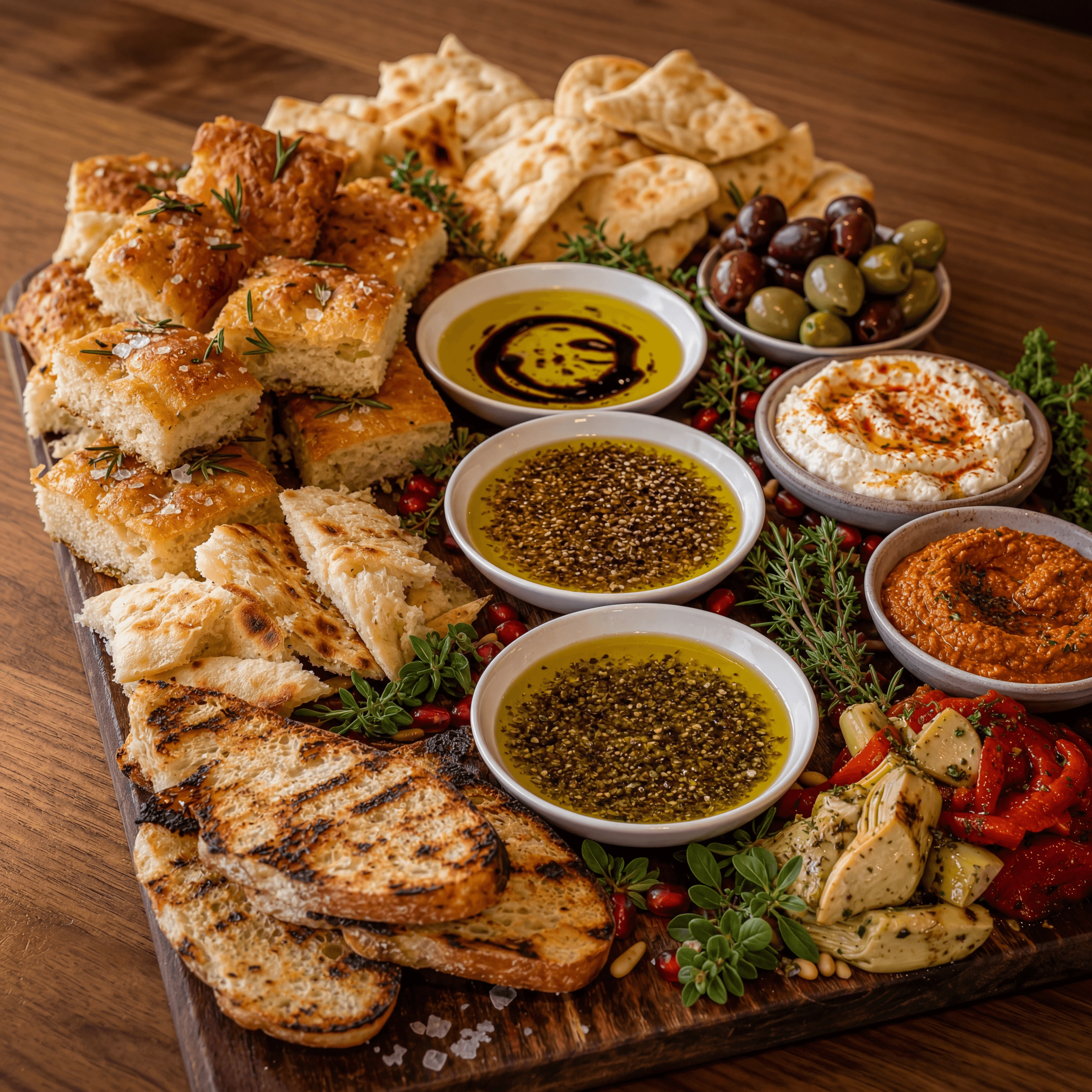 Focaccia olive oil dipping bread service balsamic dukkah warm cantina Mediterranean — olive oil bread card photography