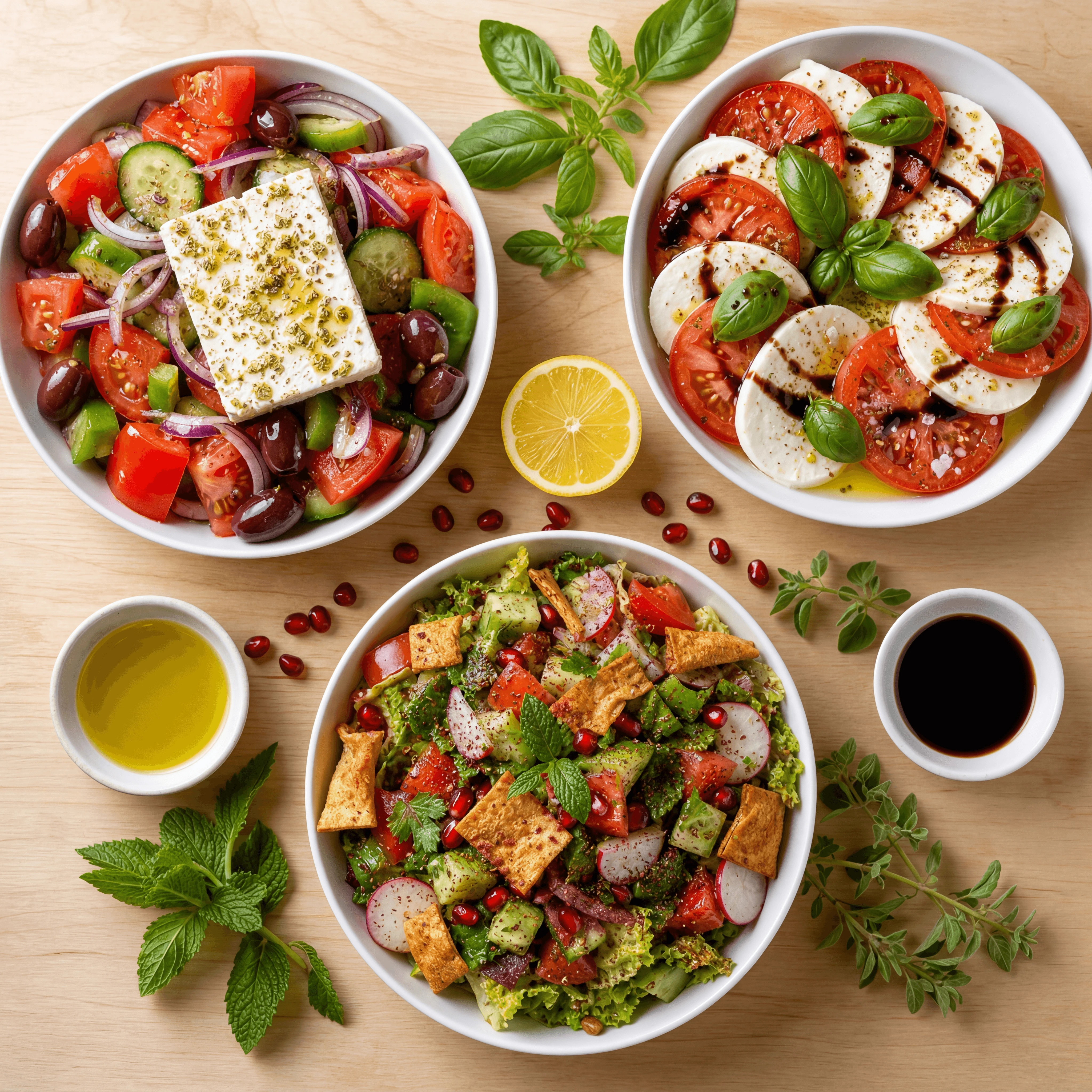 Three Mediterranean salads horiatiki caprese fattoush overhead light wood — Mediterranean salads card photography