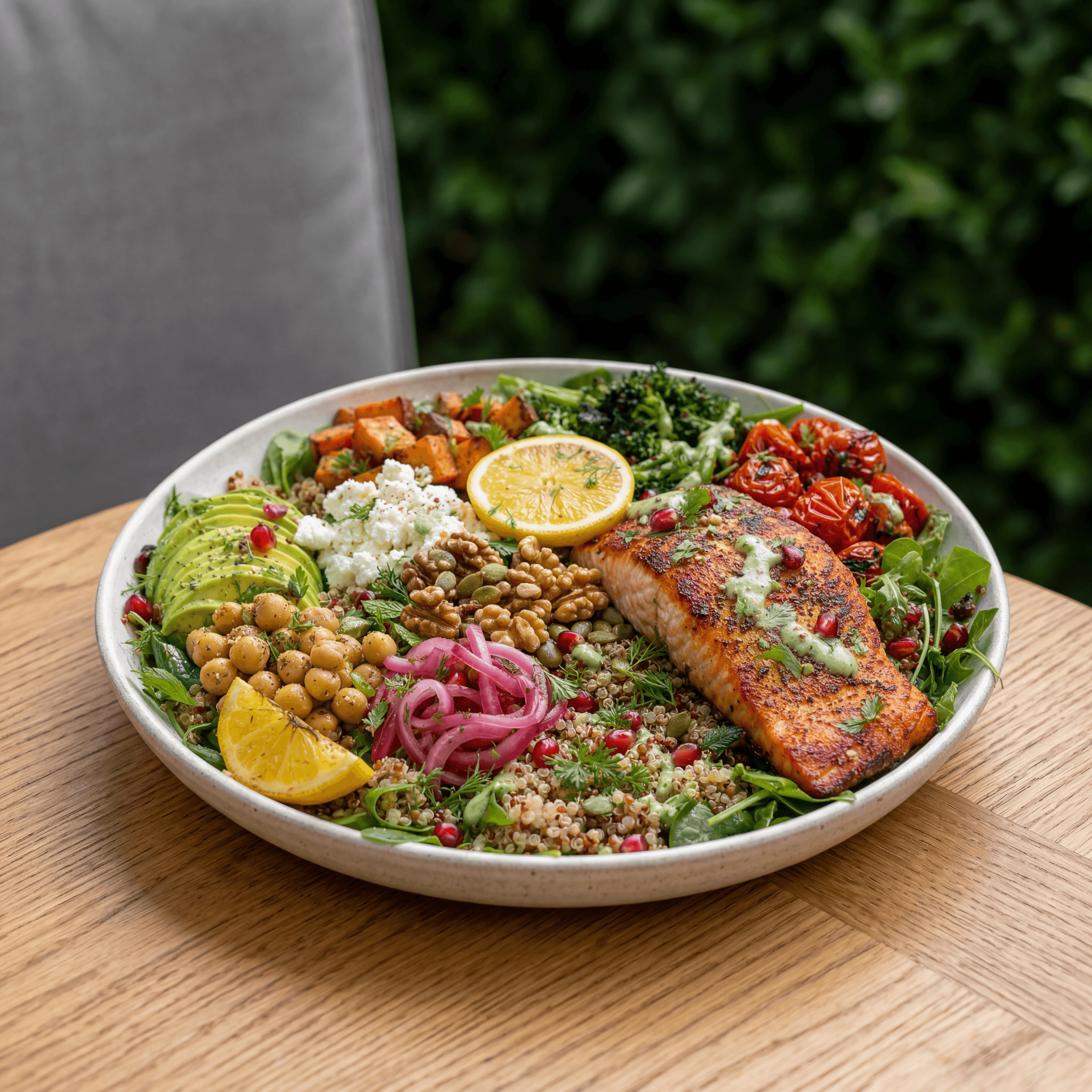 Mediterranean diet wellness bowl salmon greens farro avocado garden fresh — wellness bowl card photography