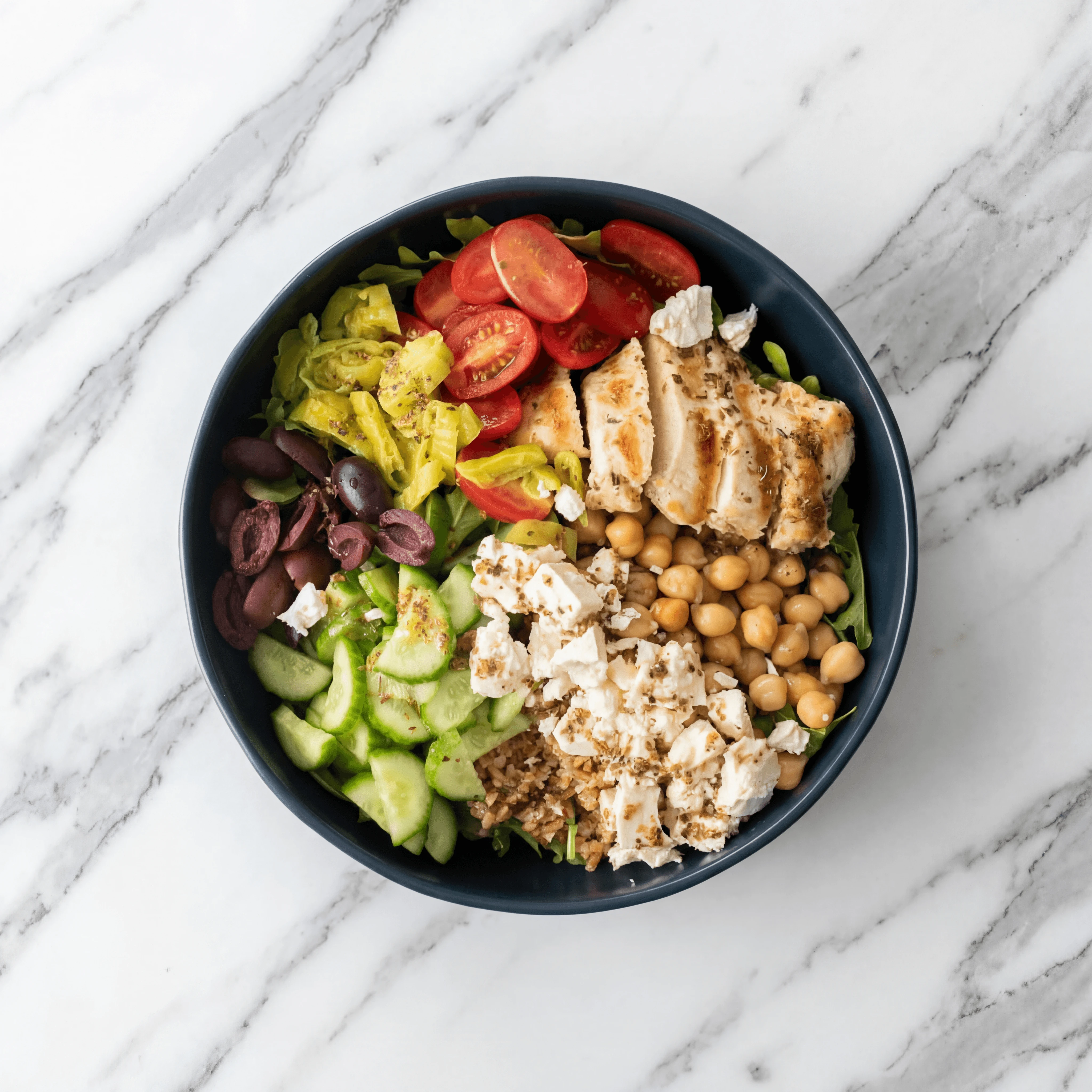 Mediterranean grain bowl quinoa chicken hummus toppings macro overhead marble — iconic grain bowl FAQ sidebar photography