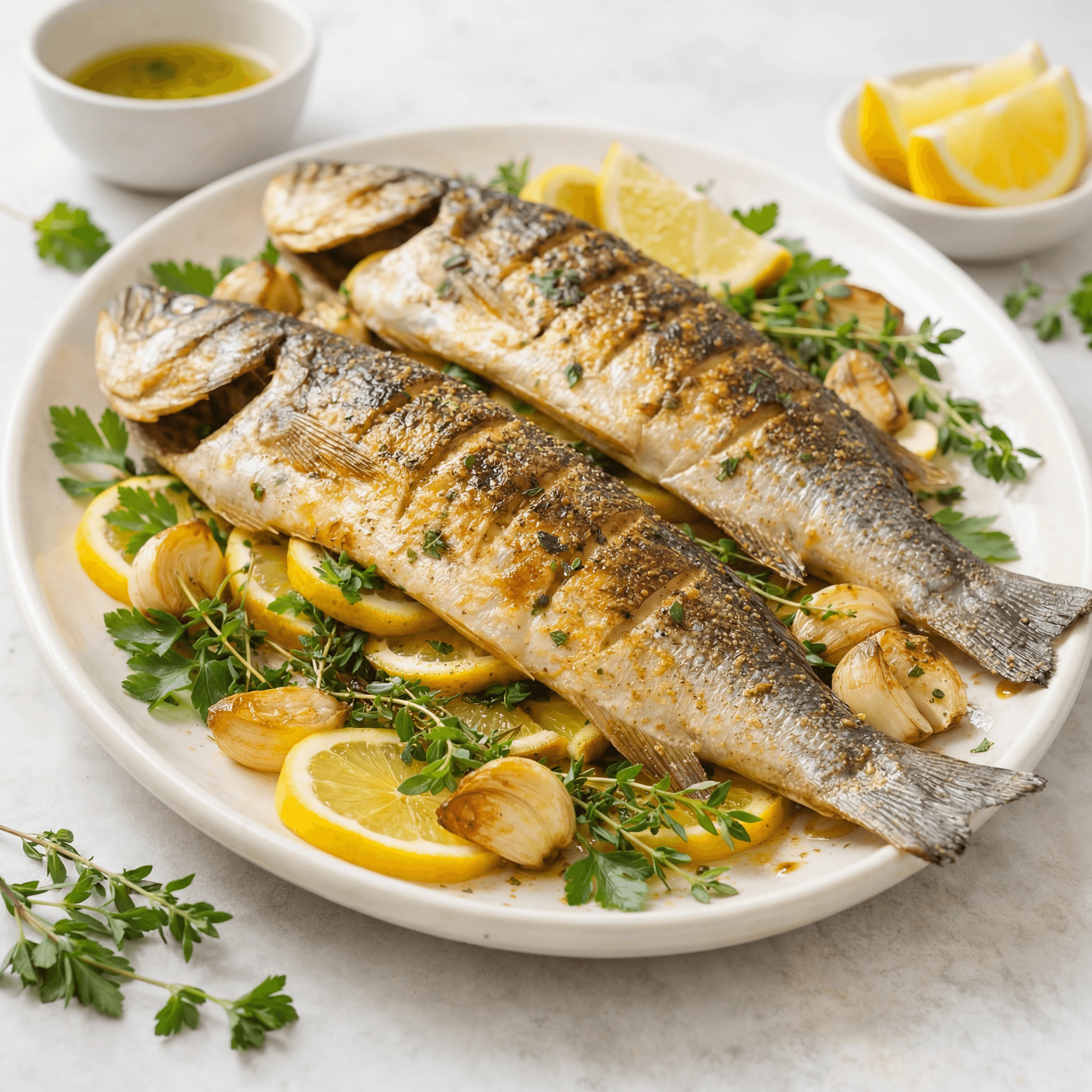 Whole grilled branzino lemon herbs olive oil charred board coastal — branzino hero photography