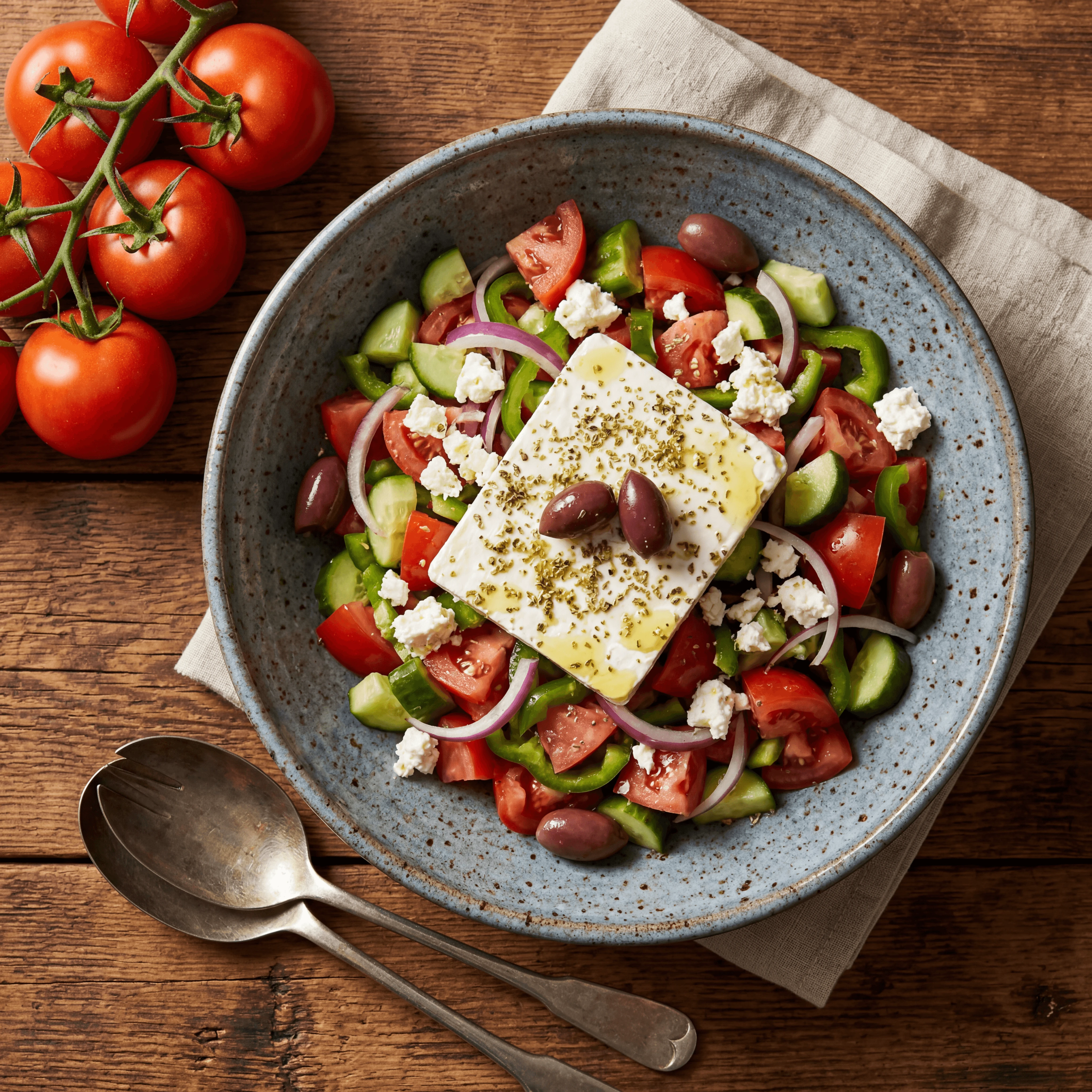 Greek horiatiki village salad tomato cucumber feta olives oregano — Greek salad hero photography