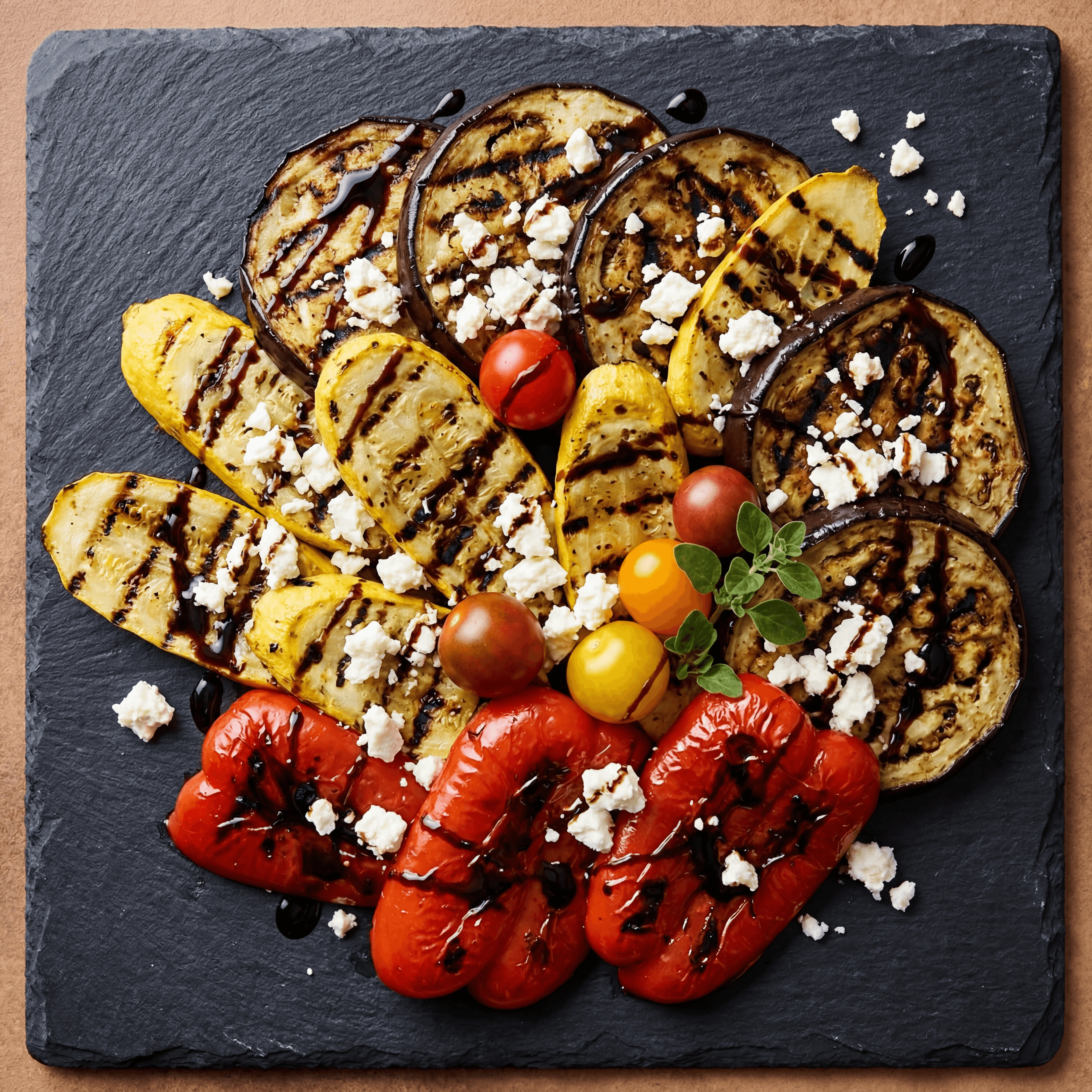 Charred Mediterranean vegetables eggplant zucchini peppers balsamic platter — charred vegetables hero photography