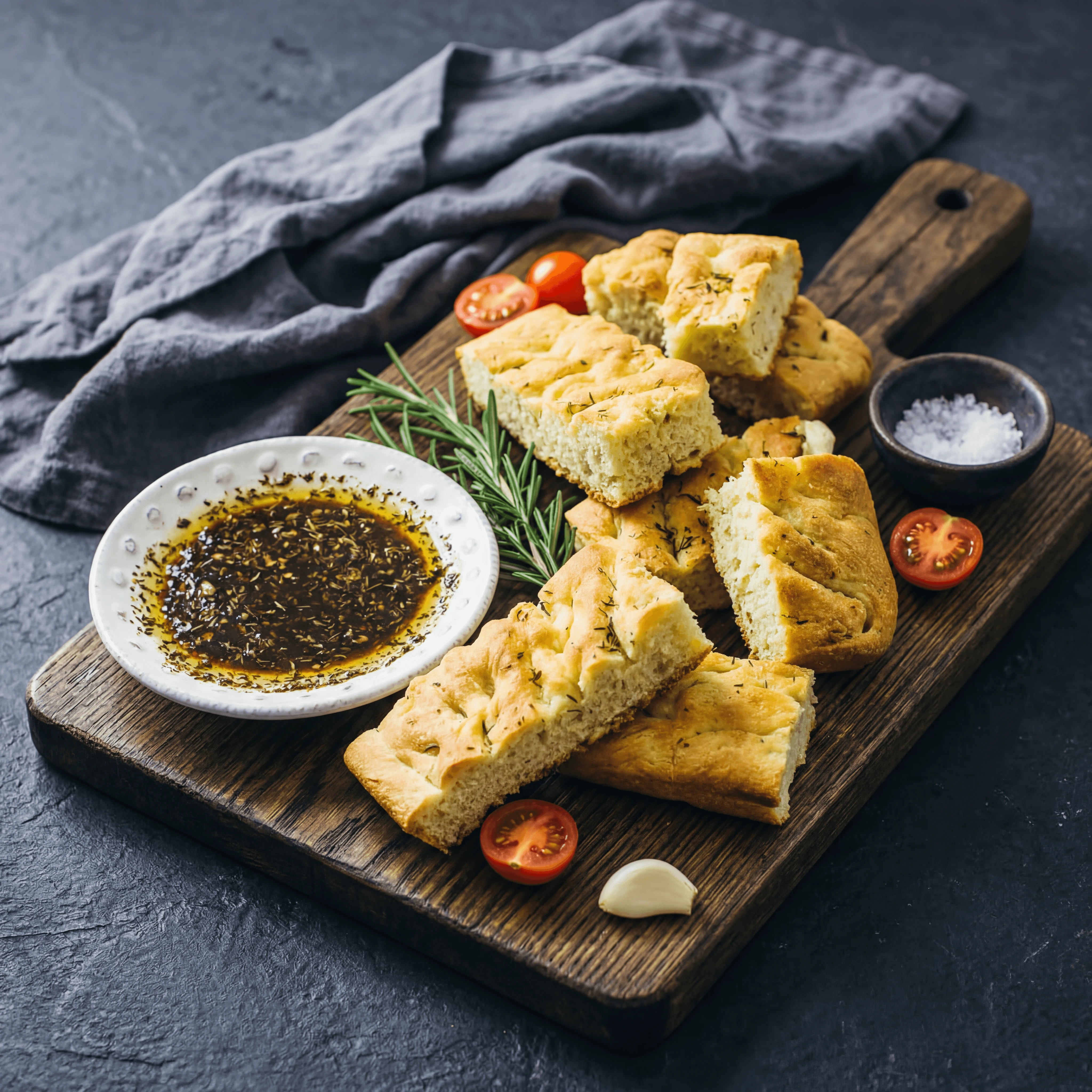 Focaccia olive oil dipping balsamic dukkah bread board service — olive oil bread hero photography