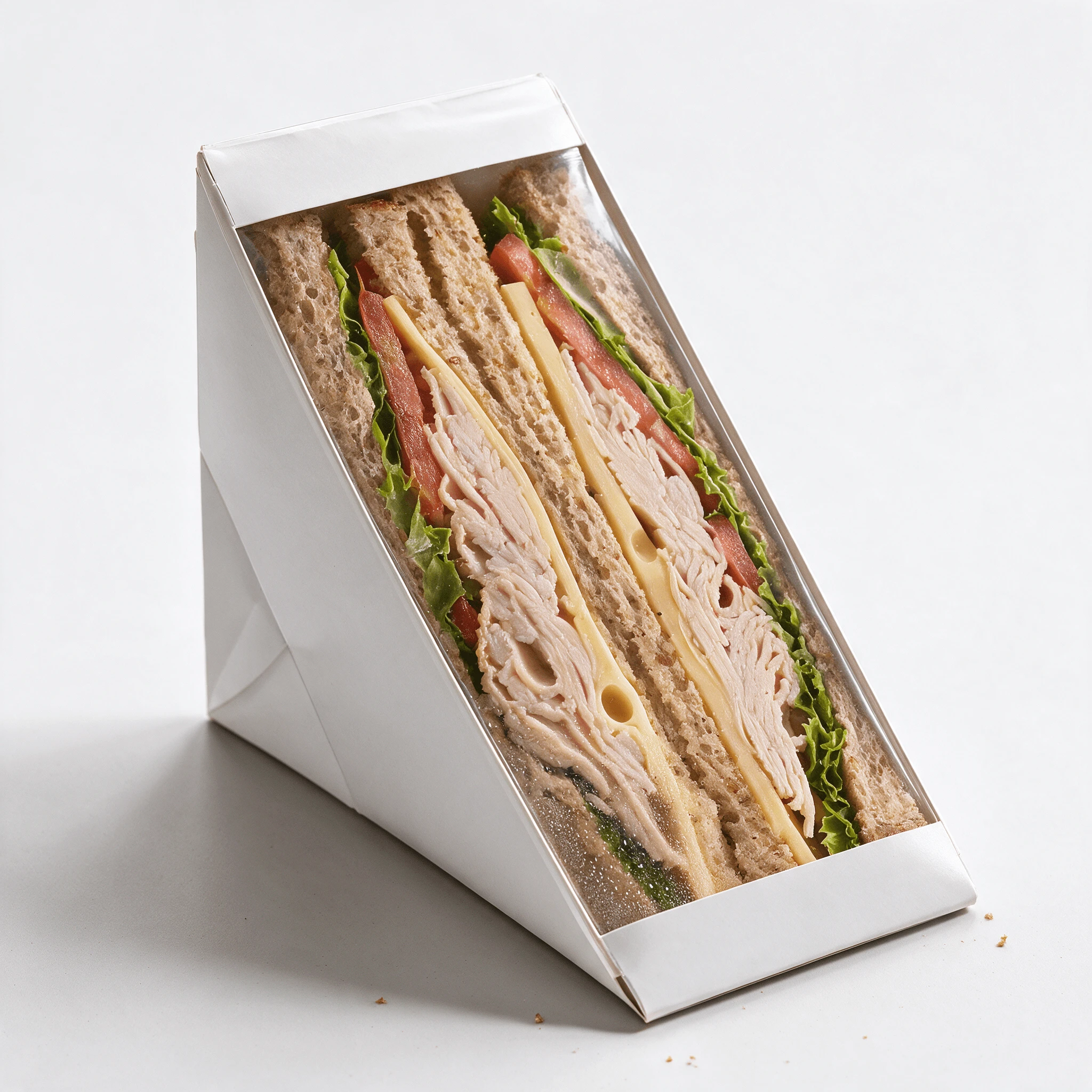 Single pre-packed turkey and cheese sandwich wedge in a clear-fronted carton on a plain grey sweep