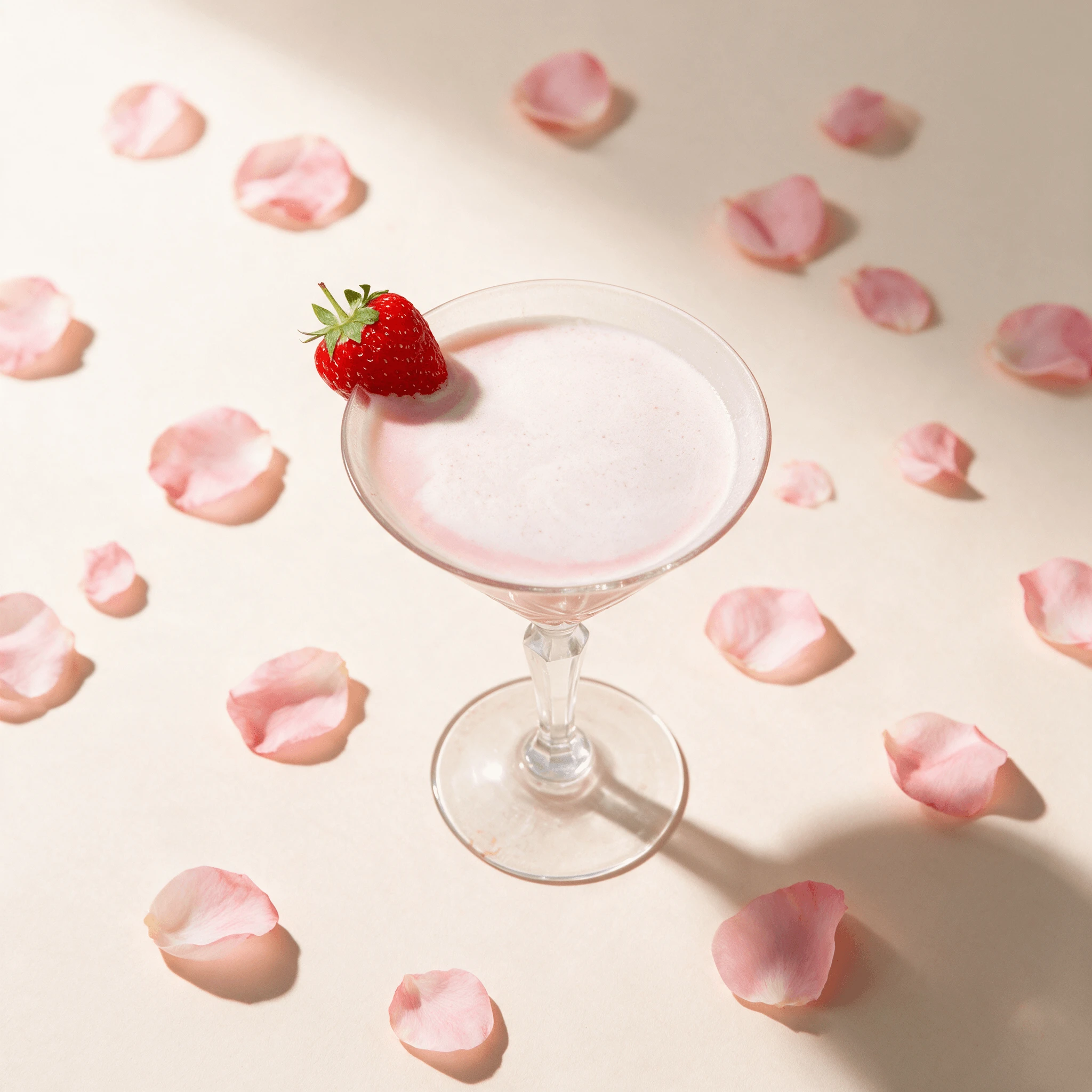 Pale blush foamed signature cocktail in a stemmed glass with a fresh strawberry on the rim, on a blush surface scattered with rose petals