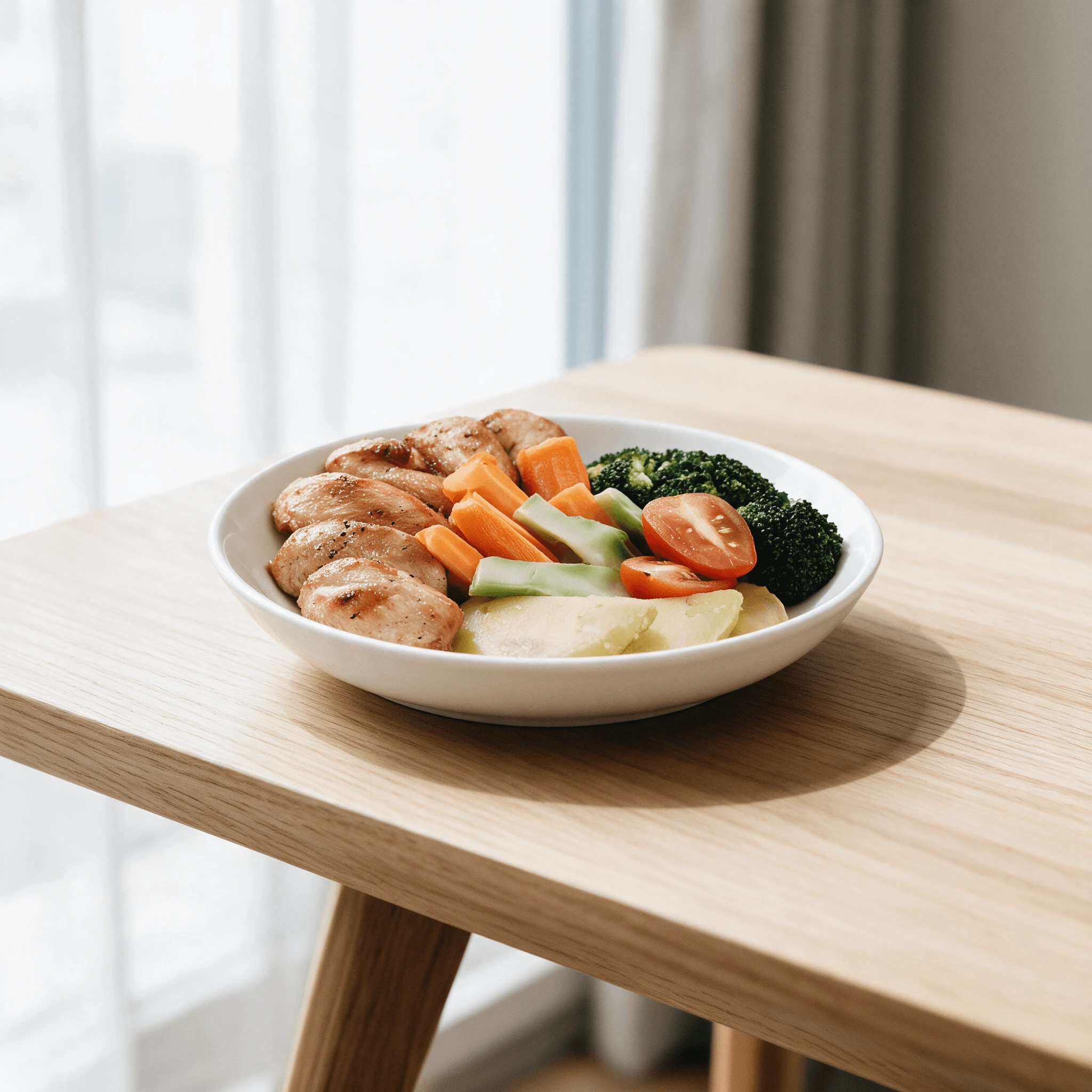 Balanced lunch plate with a sliced grilled chicken breast, brown rice and roasted broccoli and carrots at realistic portion size
