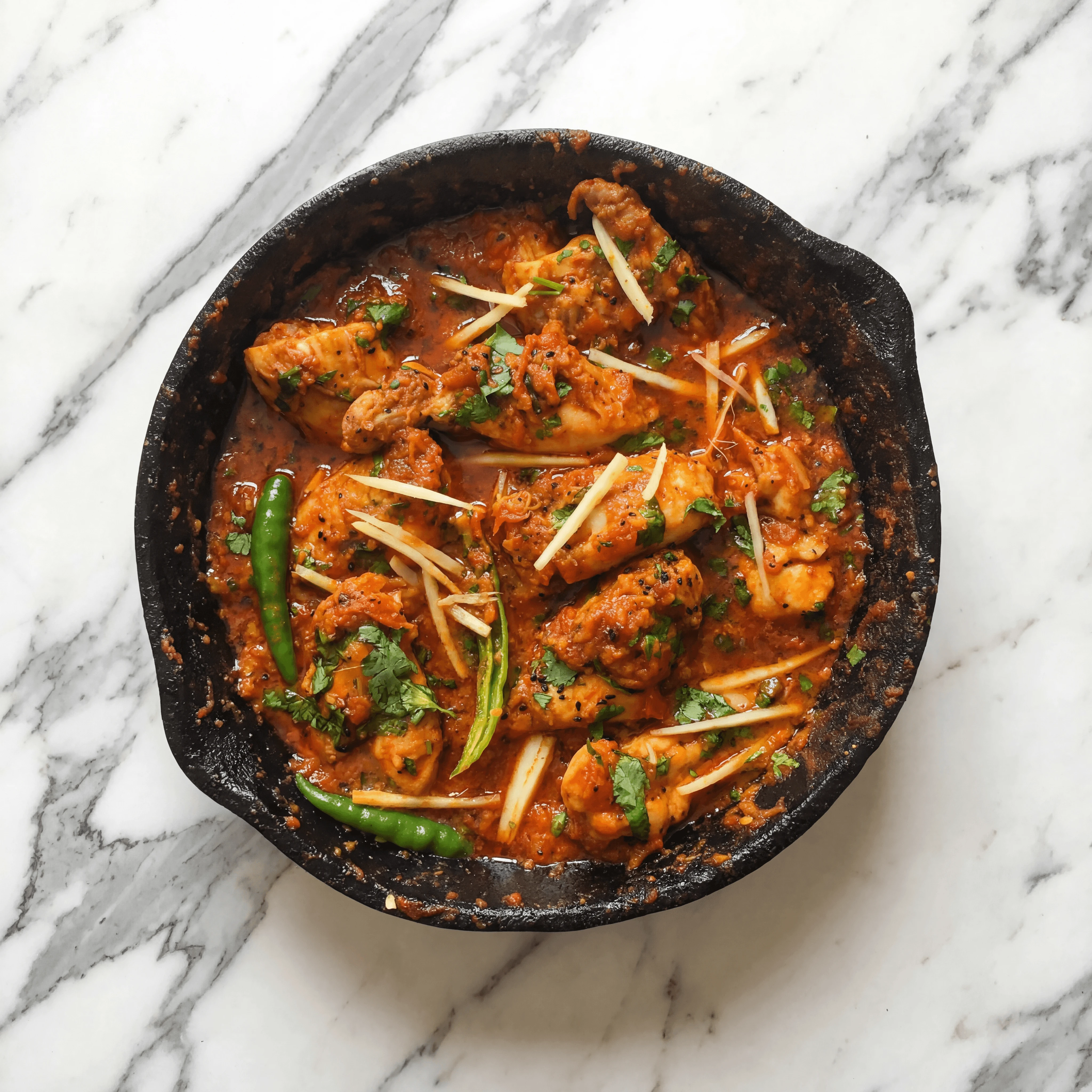 Kana karahi wok-pann tomat ingver roheline tšilli koriander Pakistani — karahi hero-fotograafia