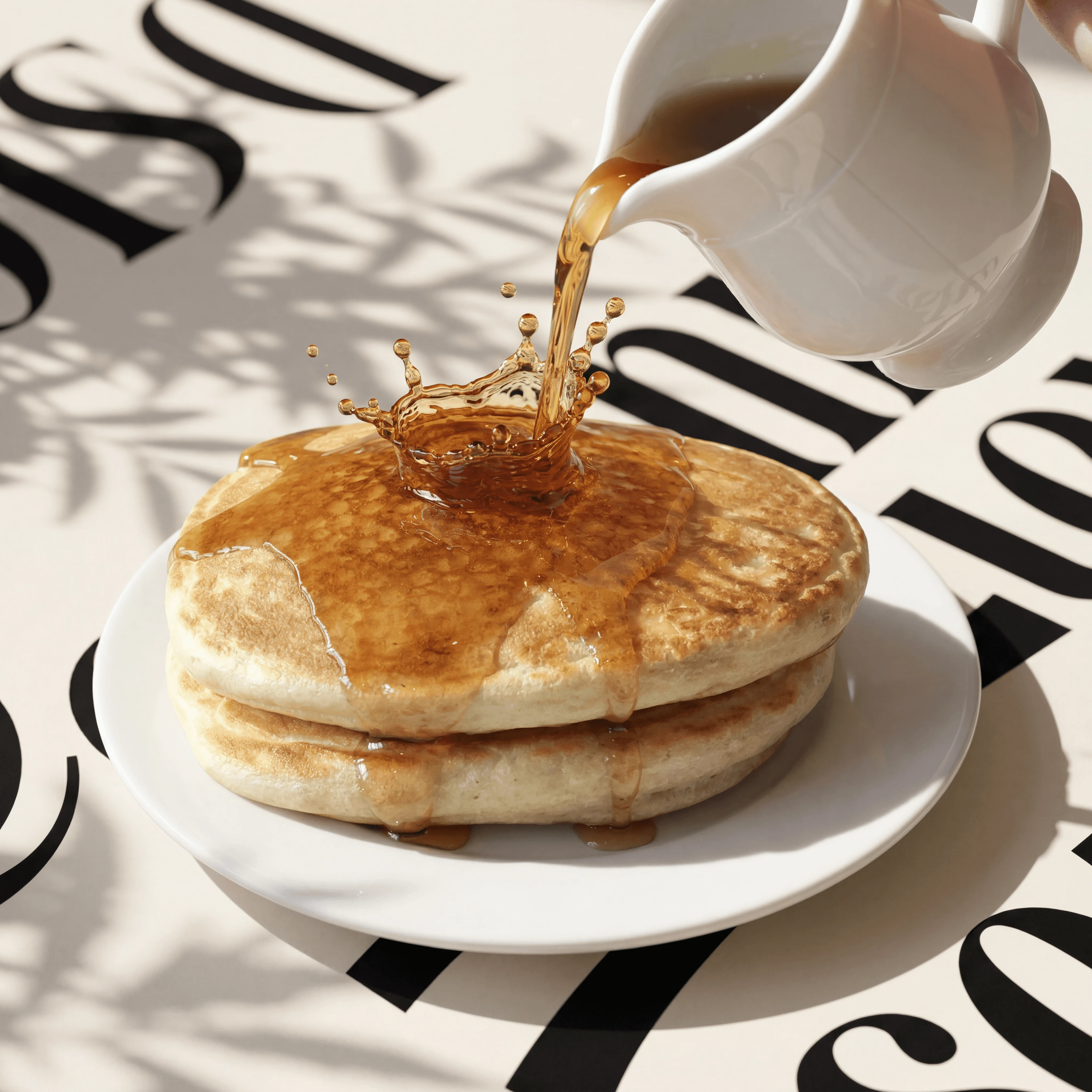 Maple syrup mid-pour cascade onto buttermilk pancake stack from white pitcher — action food photography