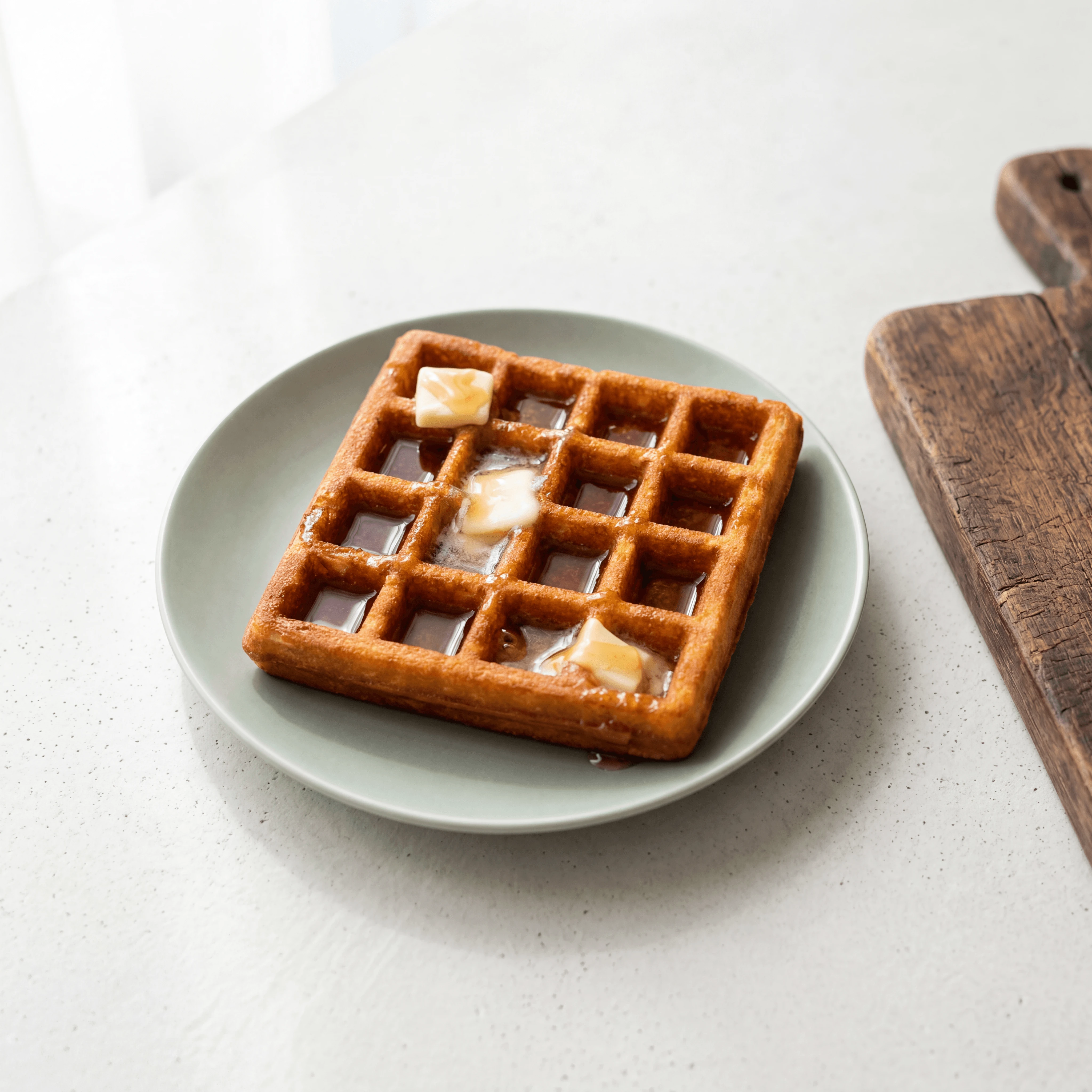 Belgian waffle with melting butter pat in deep grid wells — texture detail brunch photography