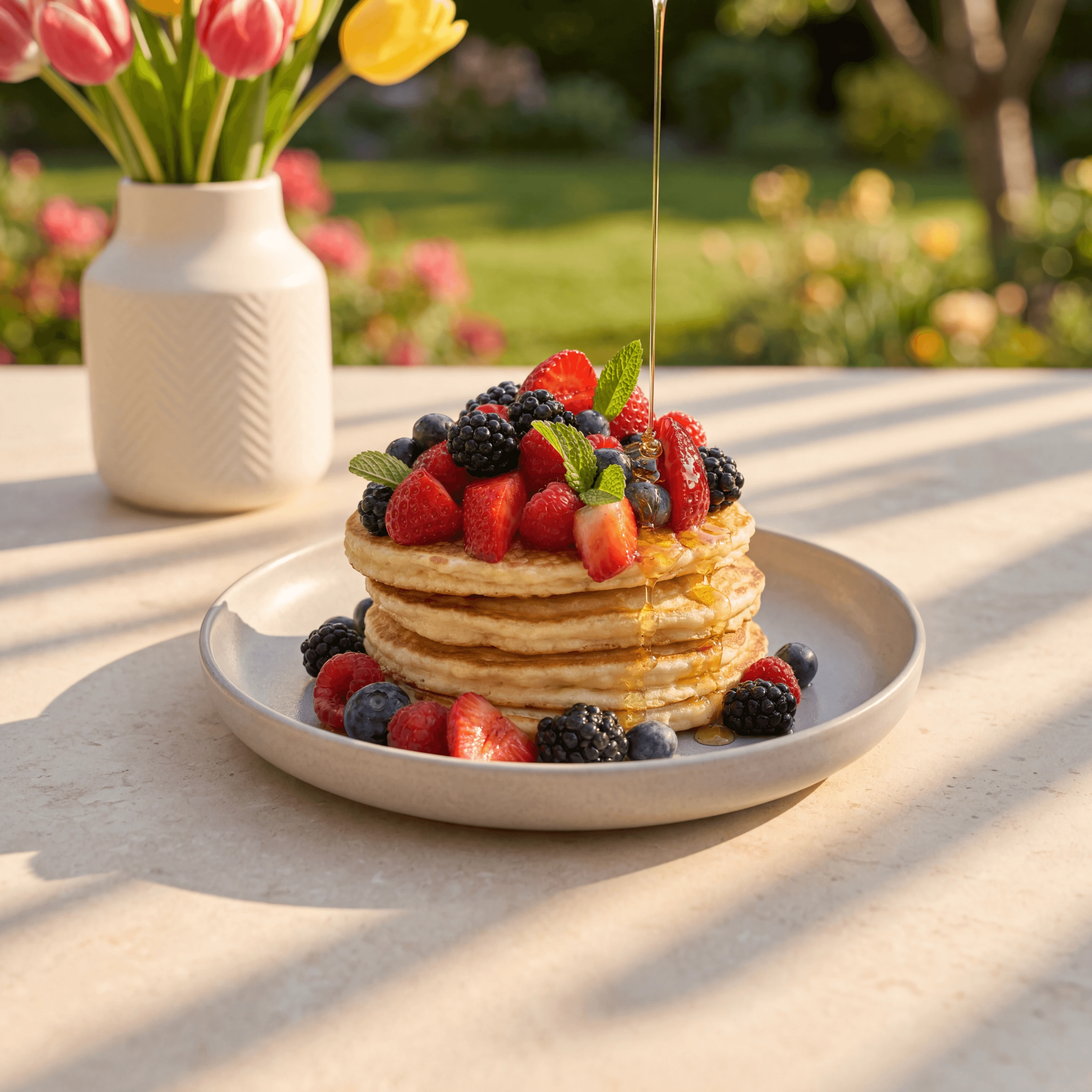 Triple berry pancake stack with raspberries blackberries blueberries and mint — vibrant brunch photography