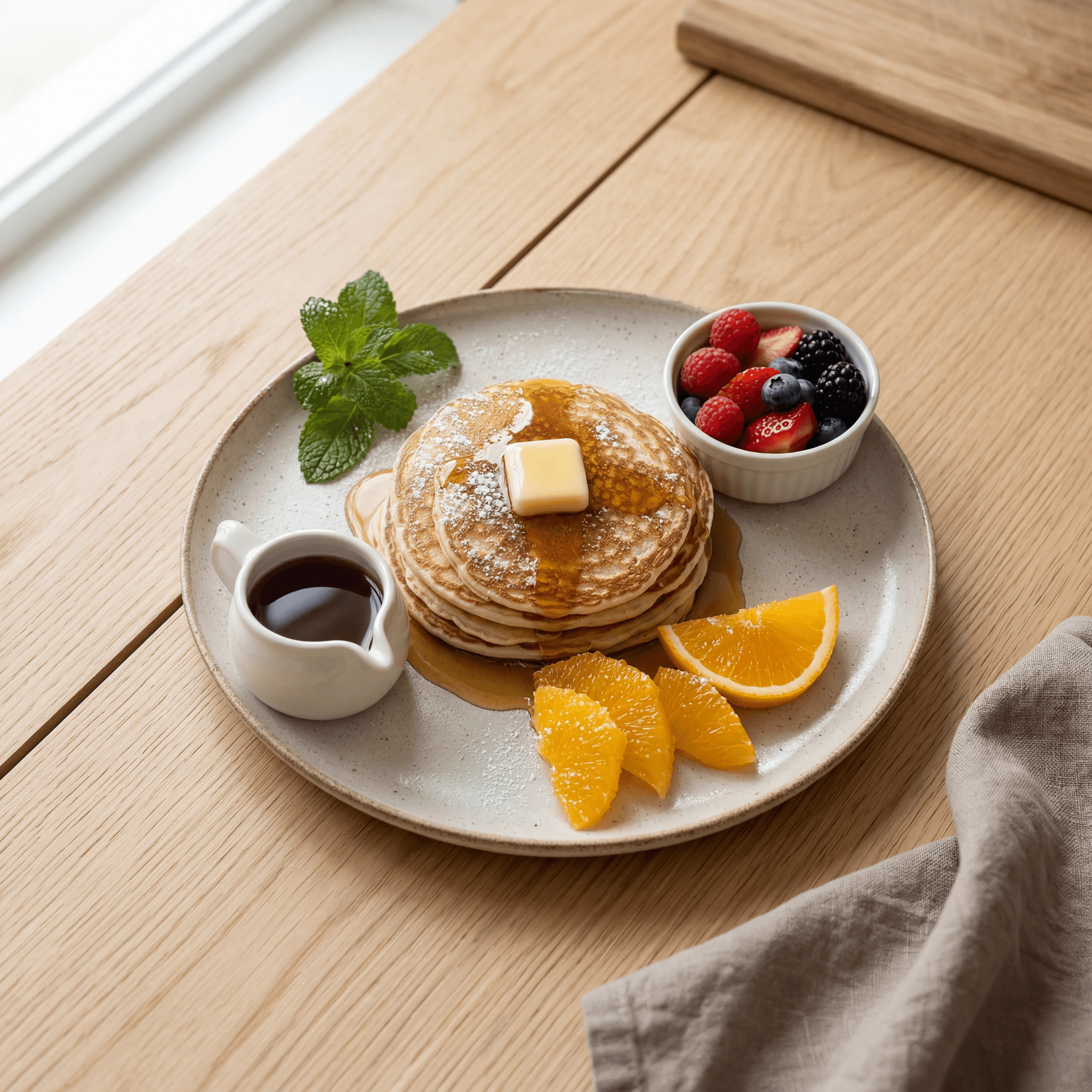 Full sweet breakfast plate with pancake stack berries syrup pitcher — brunch composition food photography