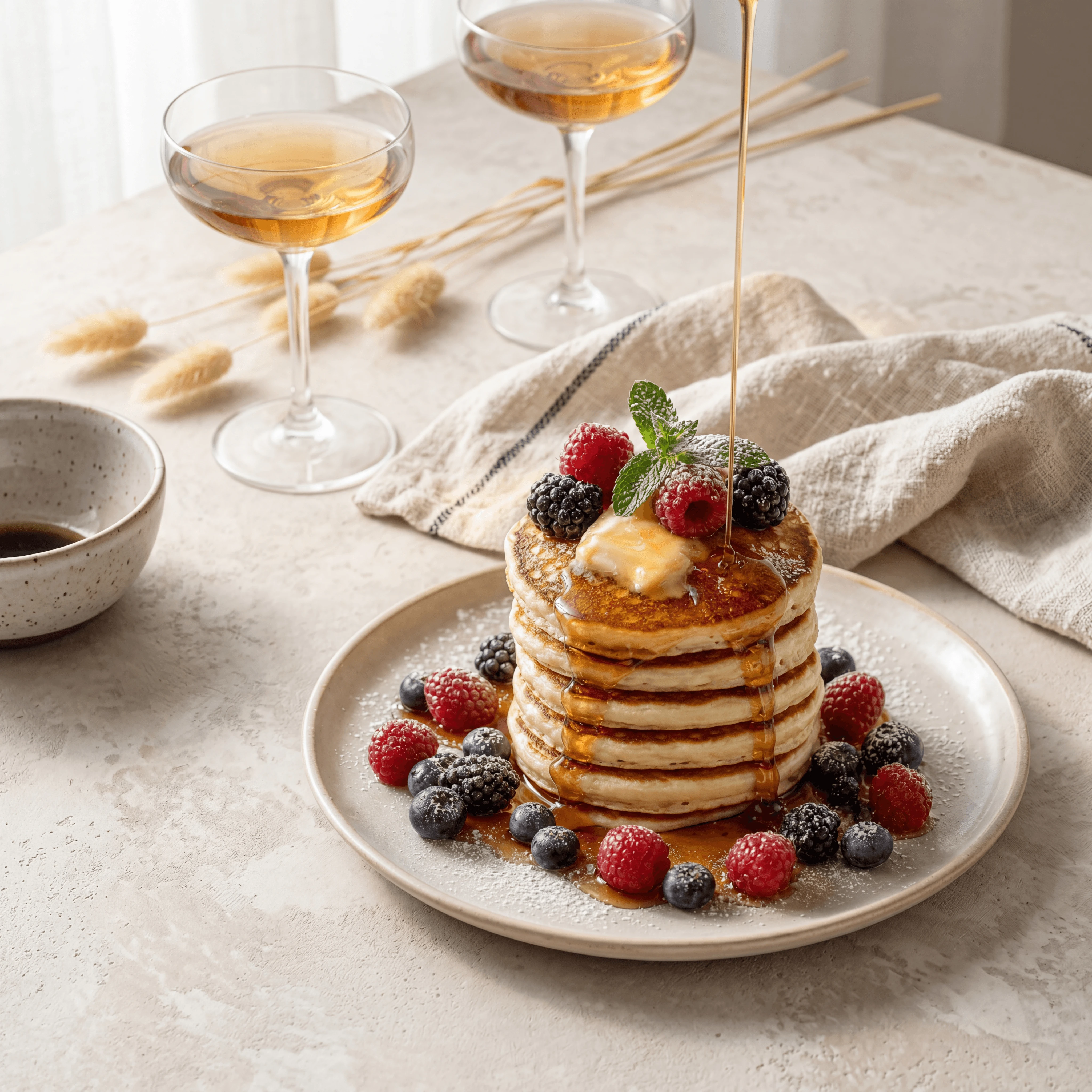 Tall pancake stack with butter pat melting fresh berries crown — iconic brunch hero photography