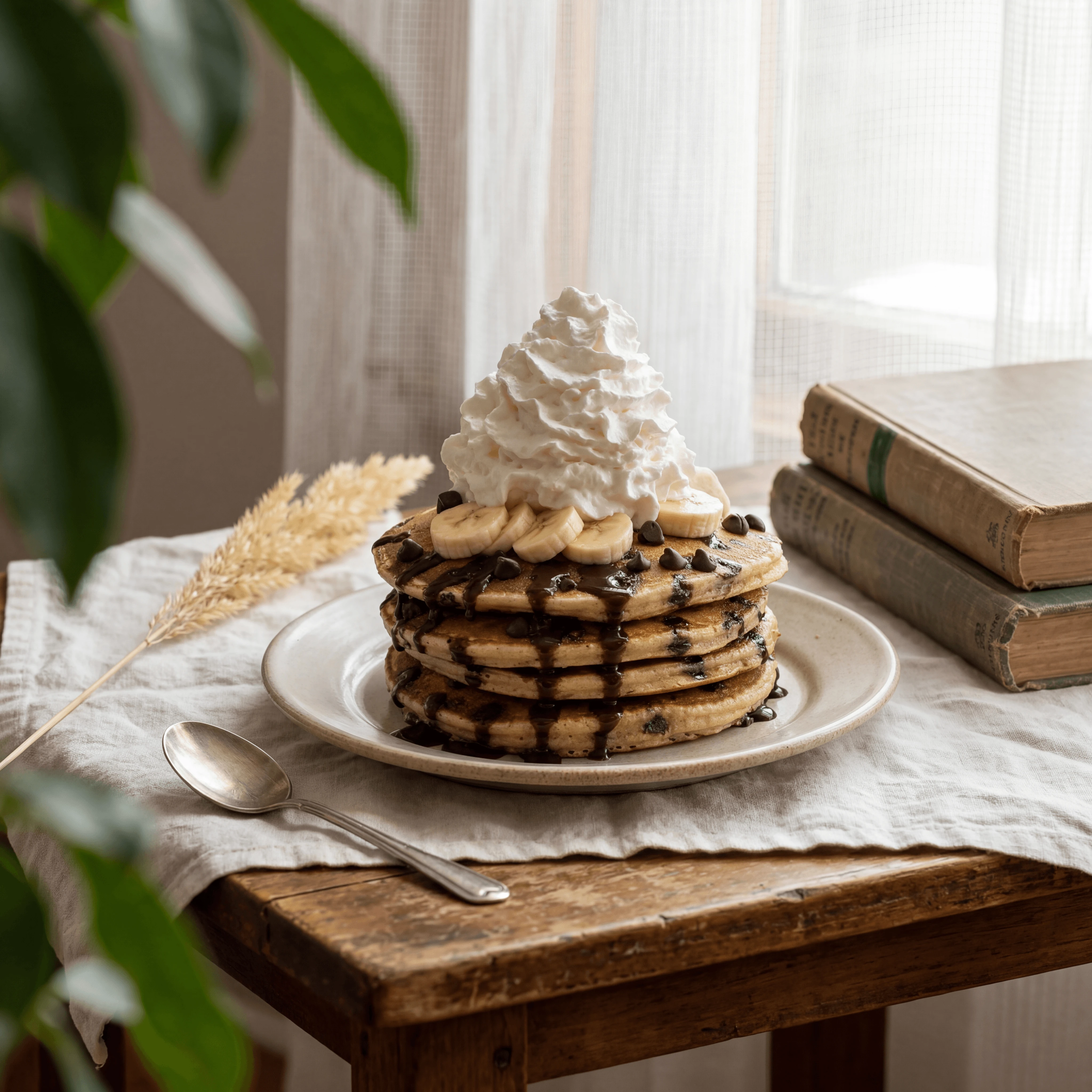 Chocolate chip pancake stack with whipped cream rosette and banana slices — cozy brunch breakfast photography