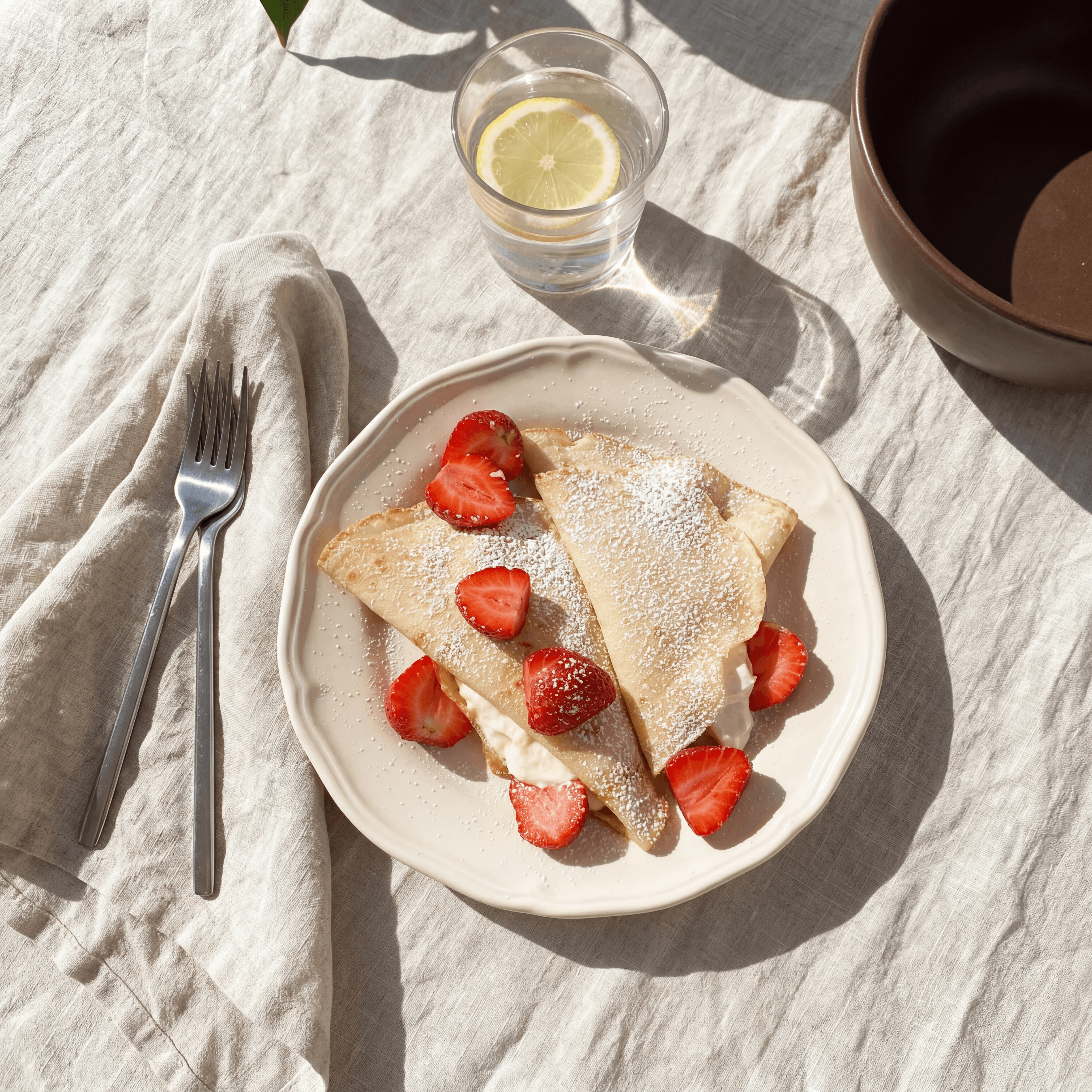 Folded strawberry crepes with mascarpone cream and powdered sugar — French breakfast cafe photography