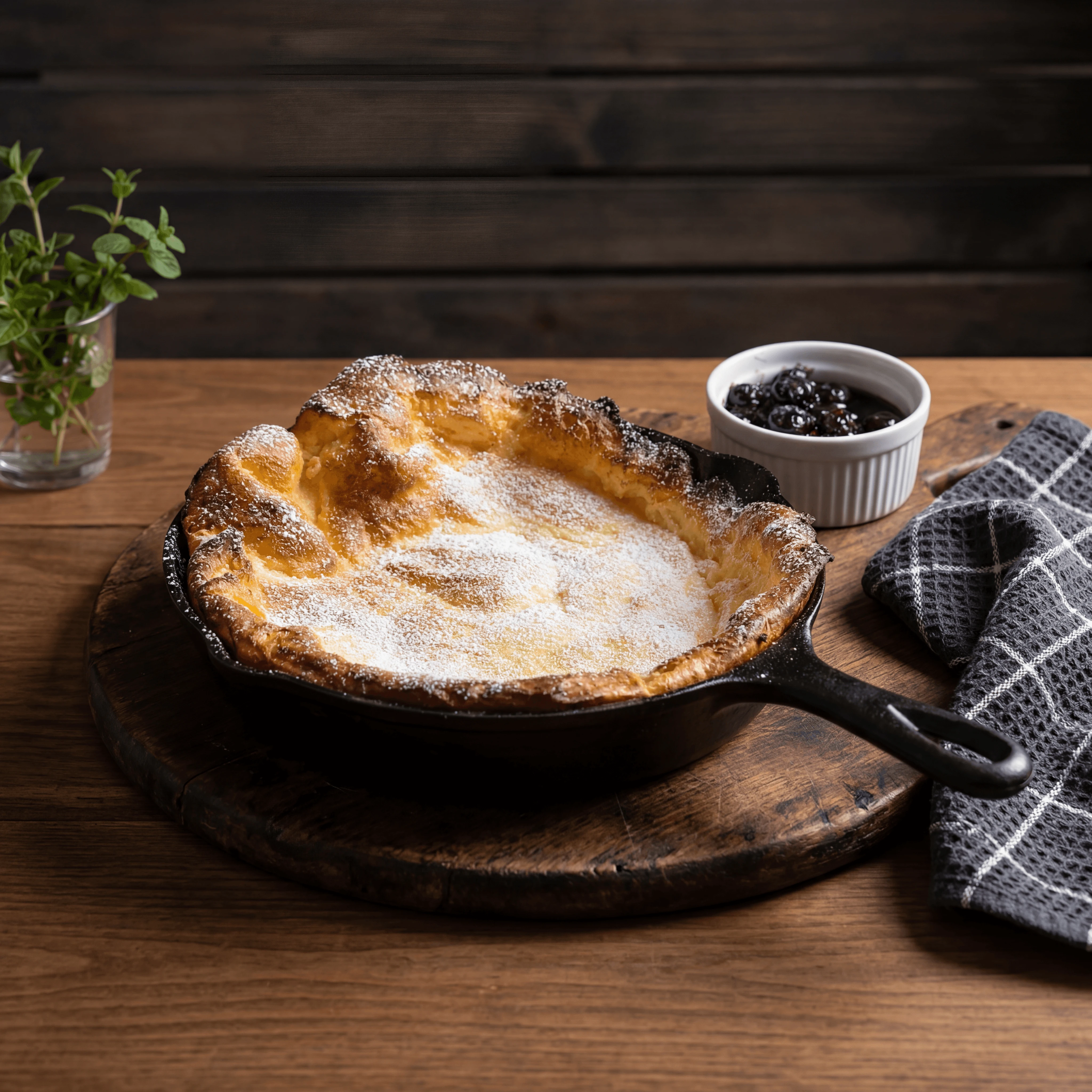 Powdered sugar Dutch baby pancake in cast iron skillet with berry compote — rustic brunch photography
