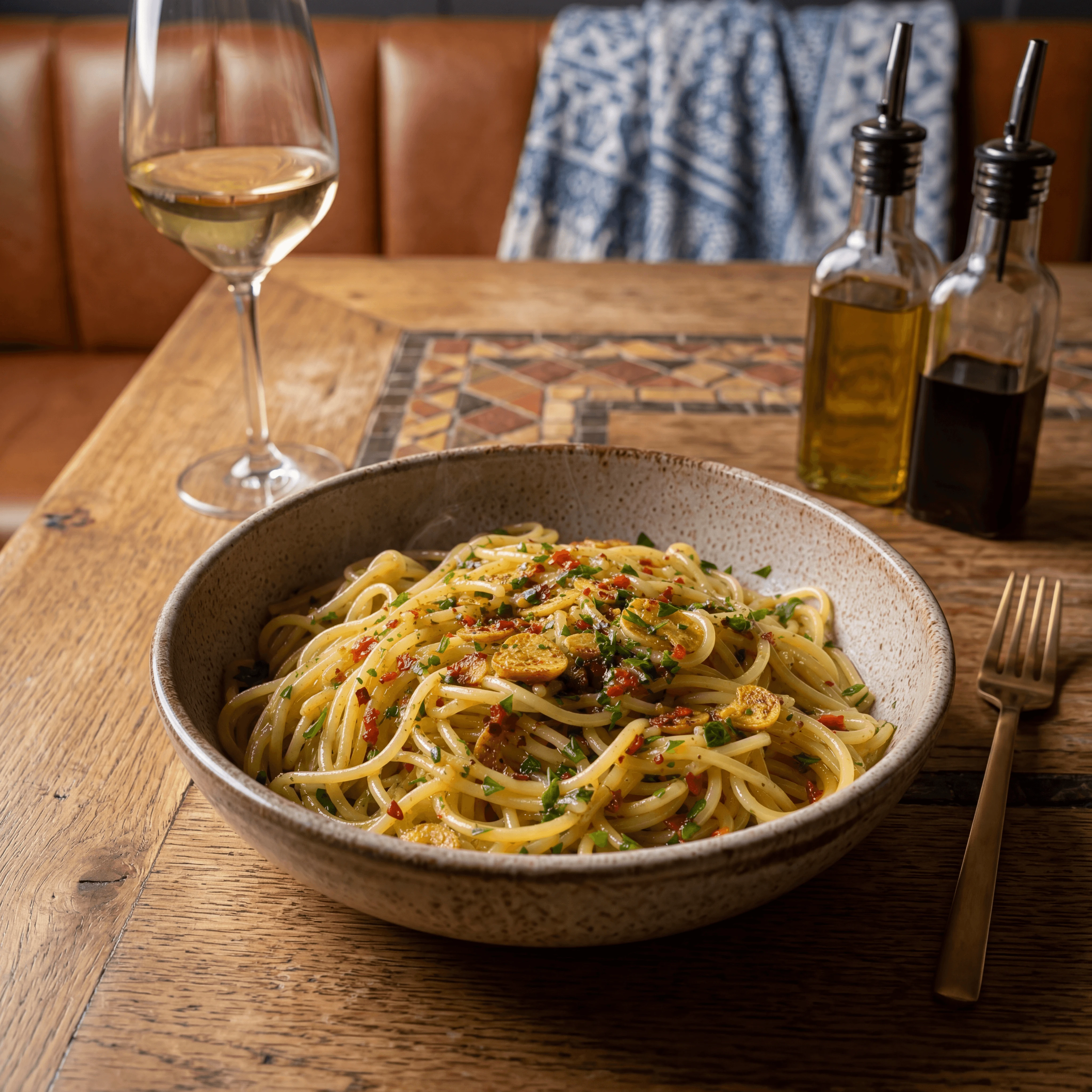 Spaghetti aglio e olio garlic chili oil simple twirl — clean Italian pasta card photography