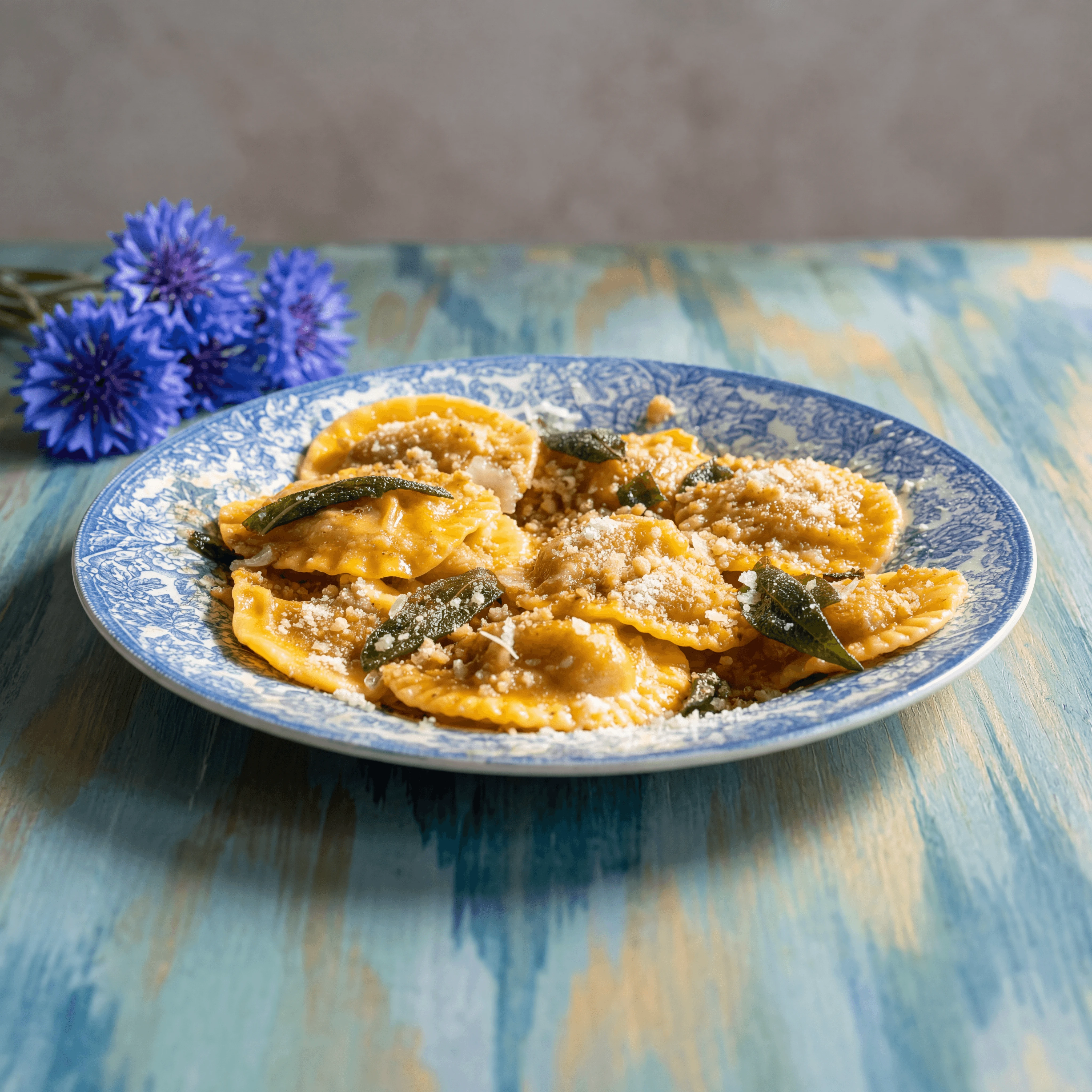 Pumpkin tortelli amaretti brown butter sage Mantua — fresh stuffed Italian pasta card photography