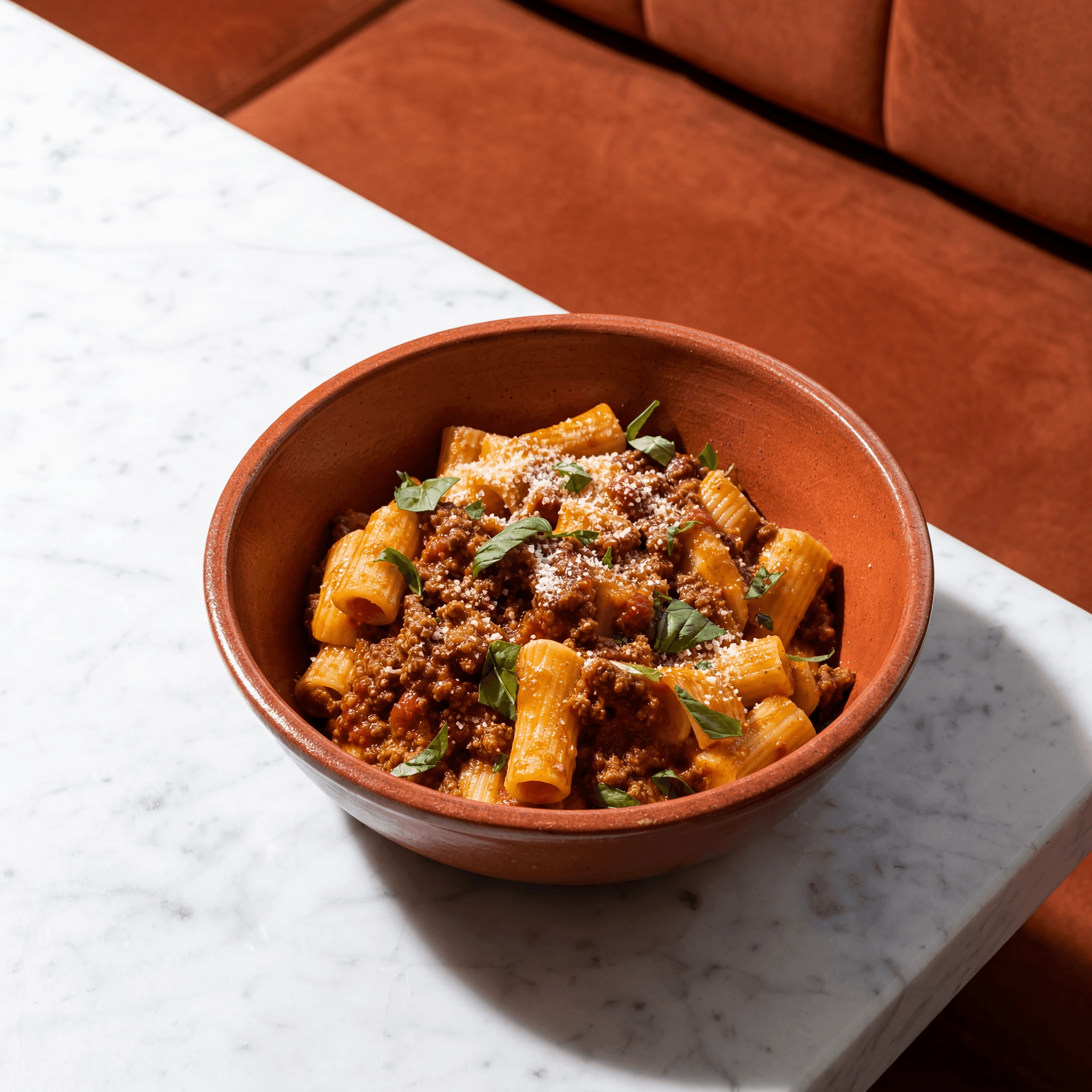 Rigatoni alla bolognese ground meat tomato sauce ridges — Italian tomato pasta card photography