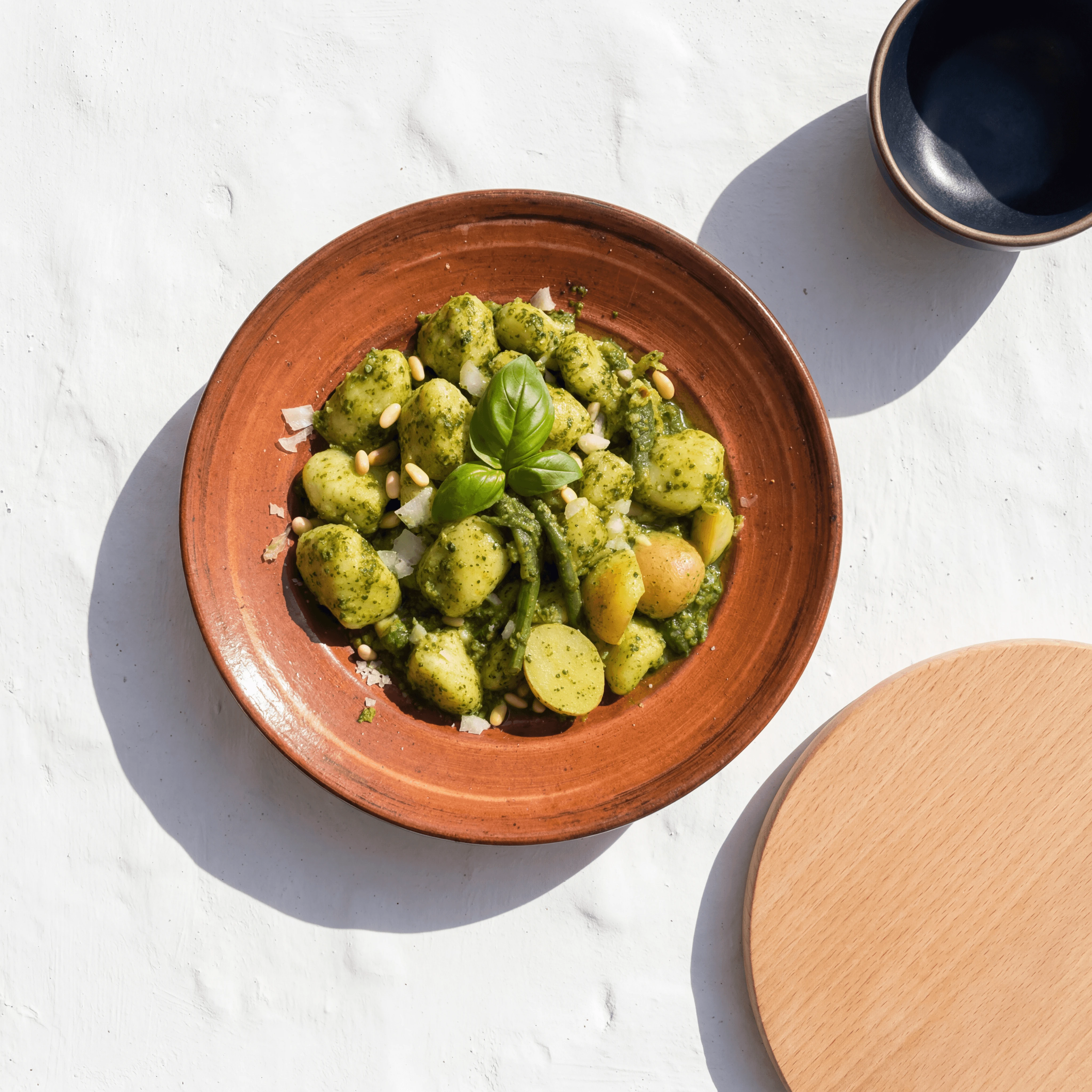 Gnocchi pesto Genovese pine nuts basil — Ligurian Italian pasta card photography