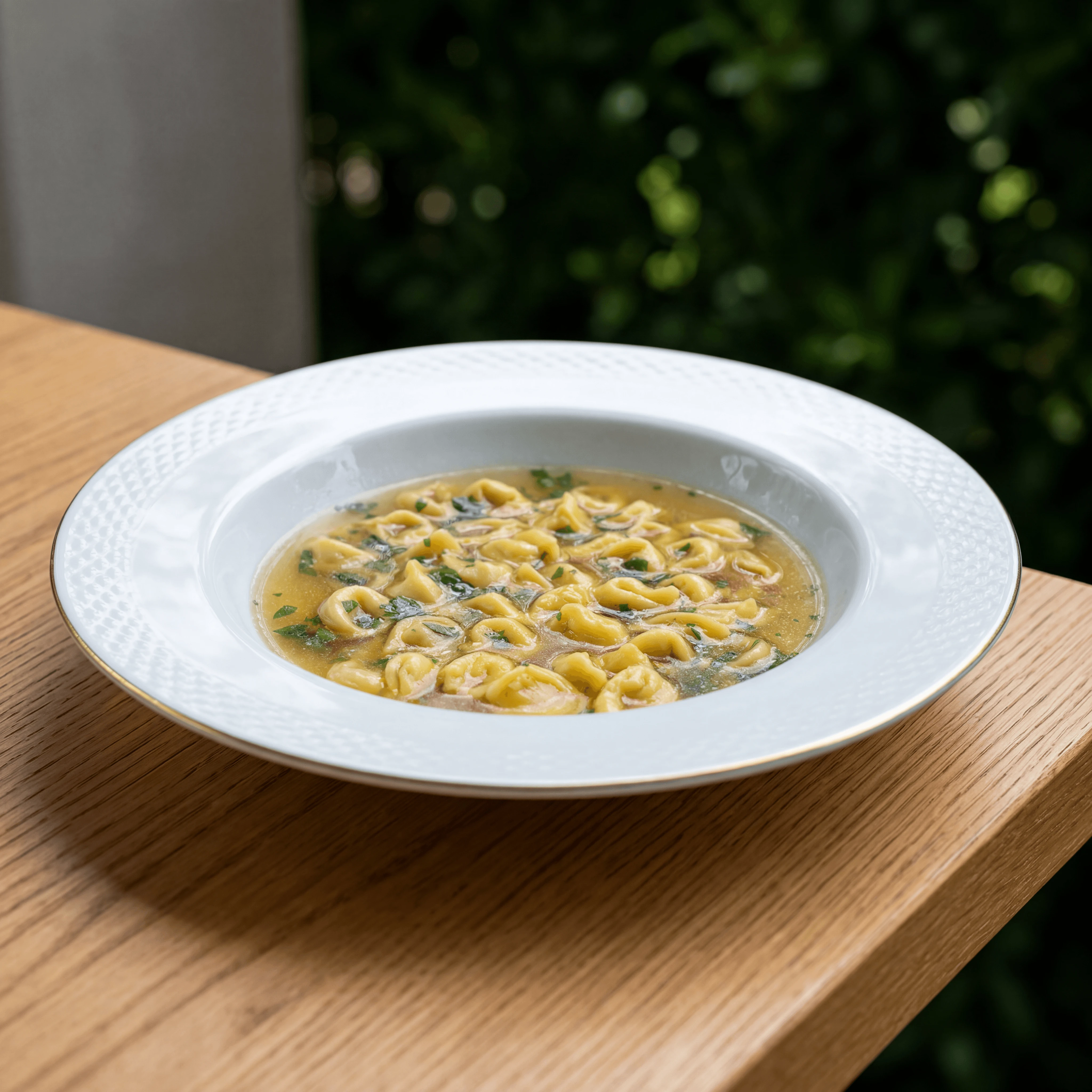 Tortellini in brodo Bologna capon broth fine dining — Italian pasta tasting menu card photography