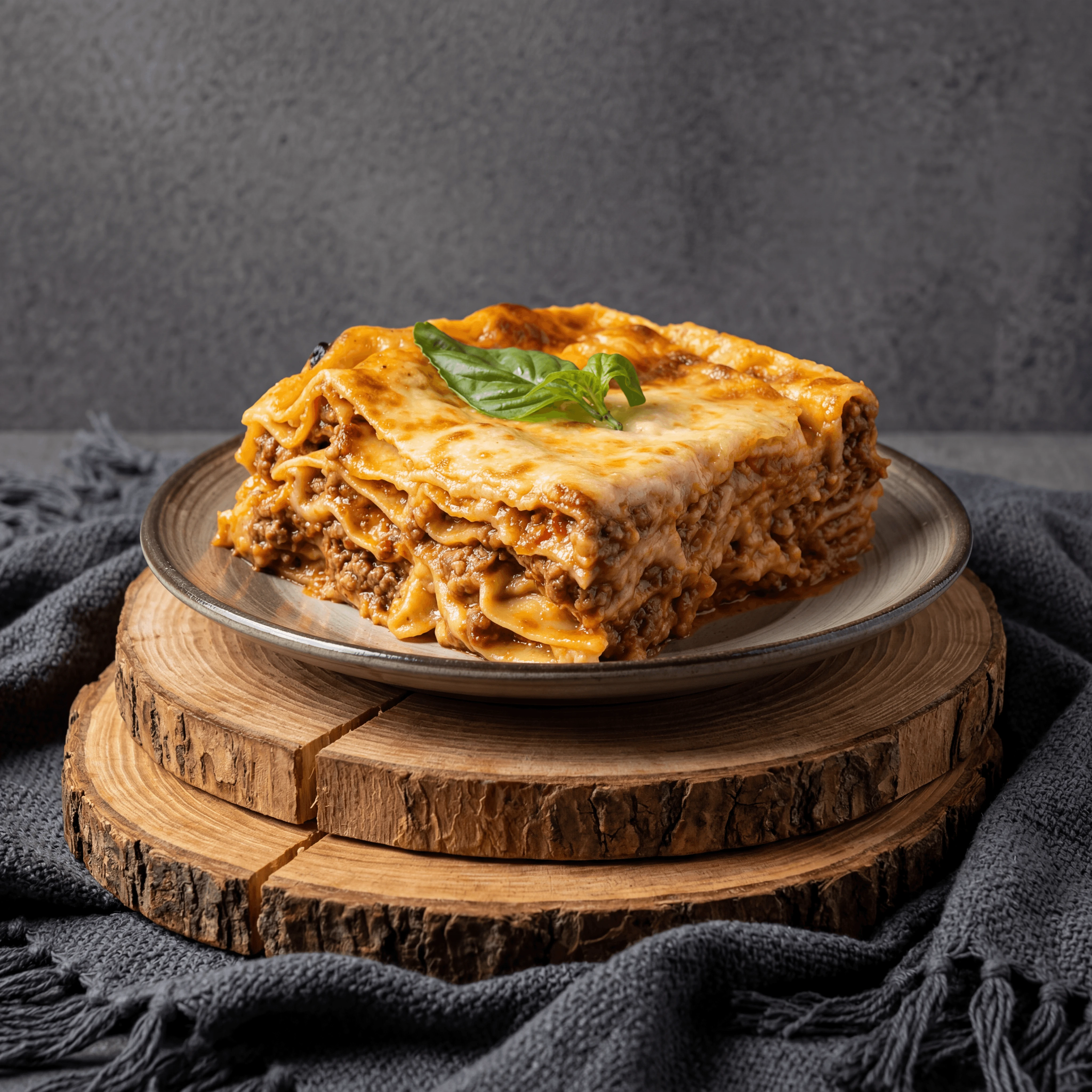 Lasagna alla Bolognese cross-section seven layers ricotta béchamel — baked Italian pasta hero photography