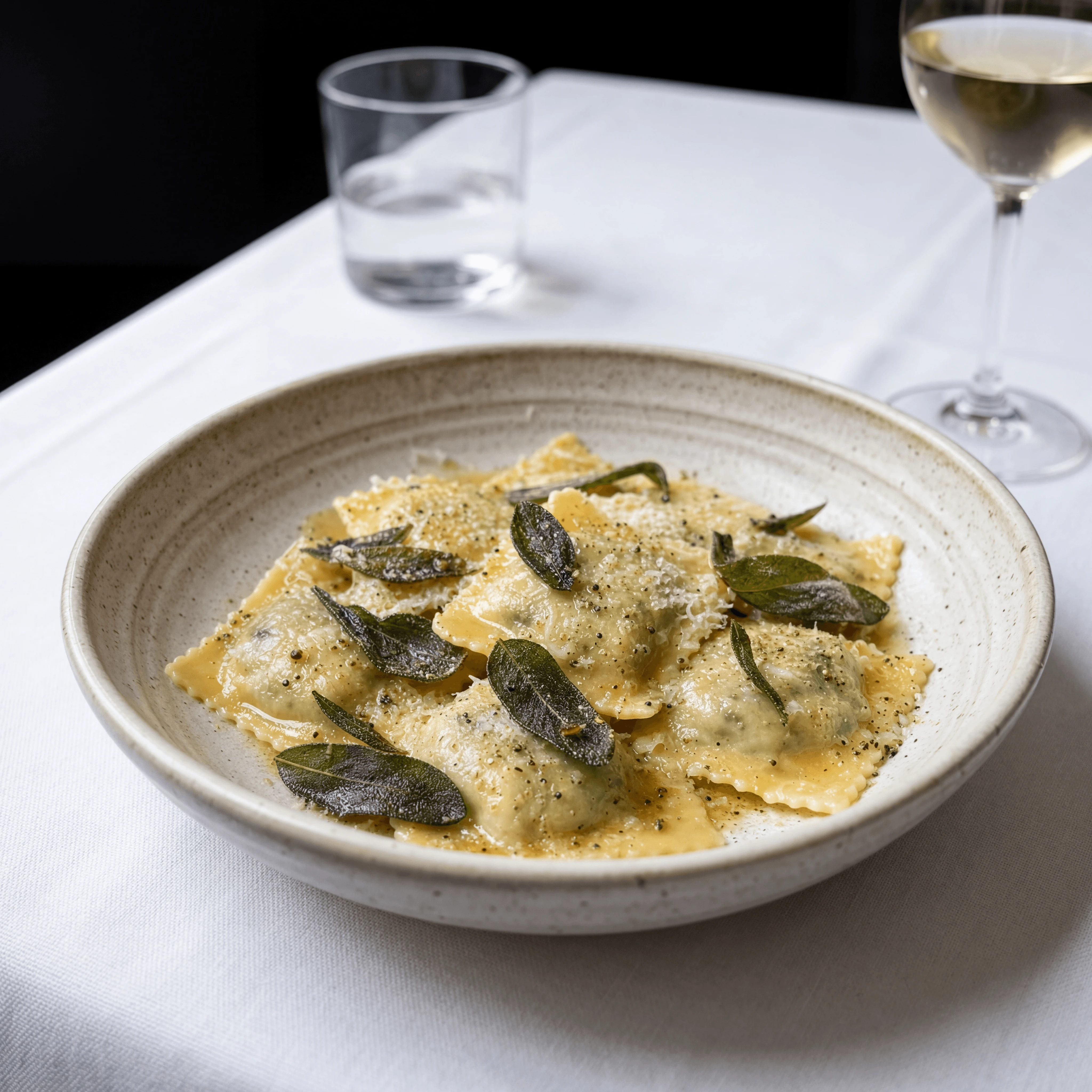 Fresh ricotta ravioli brown butter sage hand-pinched edges — Italian stuffed pasta hero photography