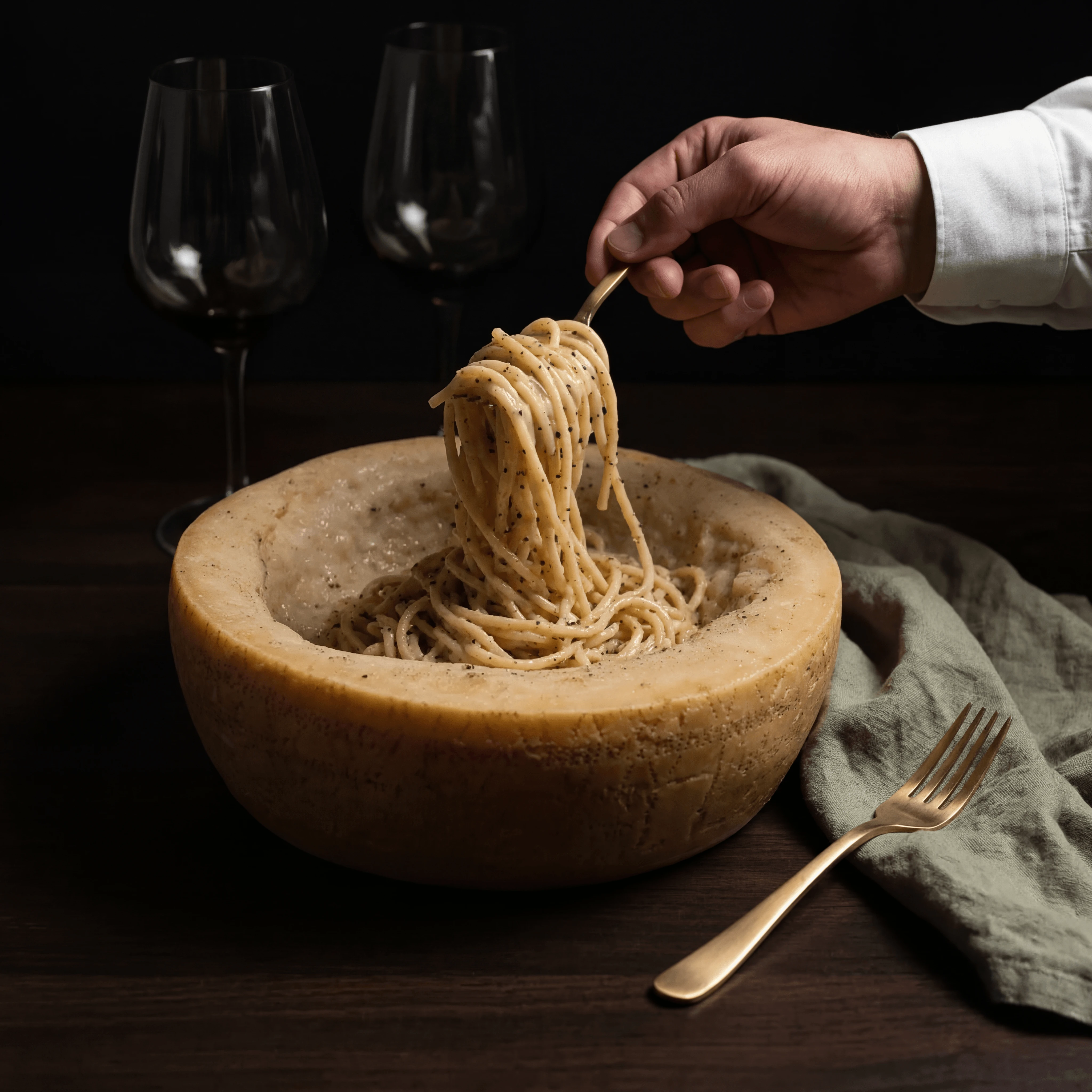 Cacio e pepe pecorino wheel cradle Roman pasta — black pepper cheese sauce hero photography