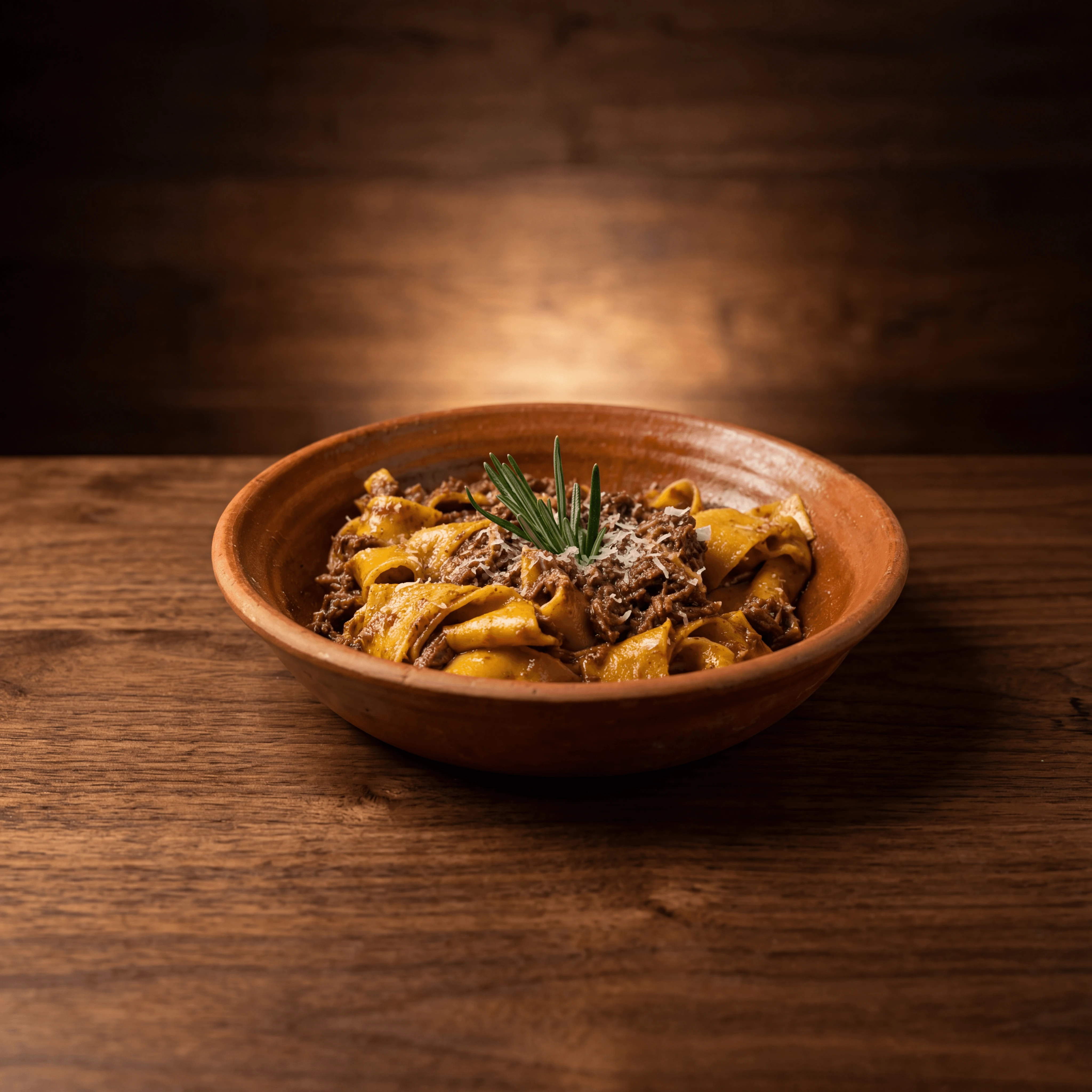 Pappardelle wild boar ragù wide ribbons rustic Tuscan pasta — slow-cooked hero photography