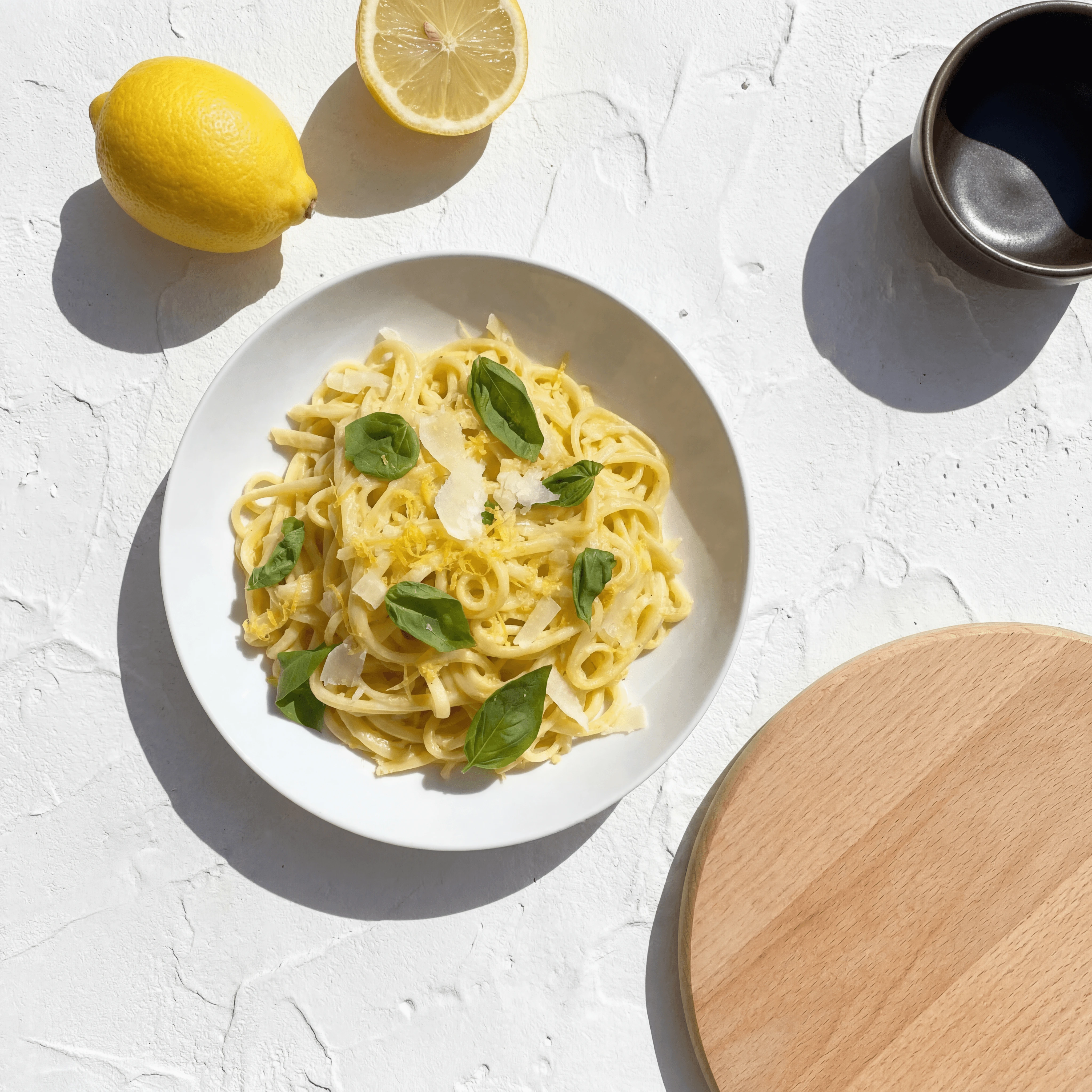 Pasta al limone lemon cream sauce twirl Mediterranean — Amalfi Coast pasta hero photography