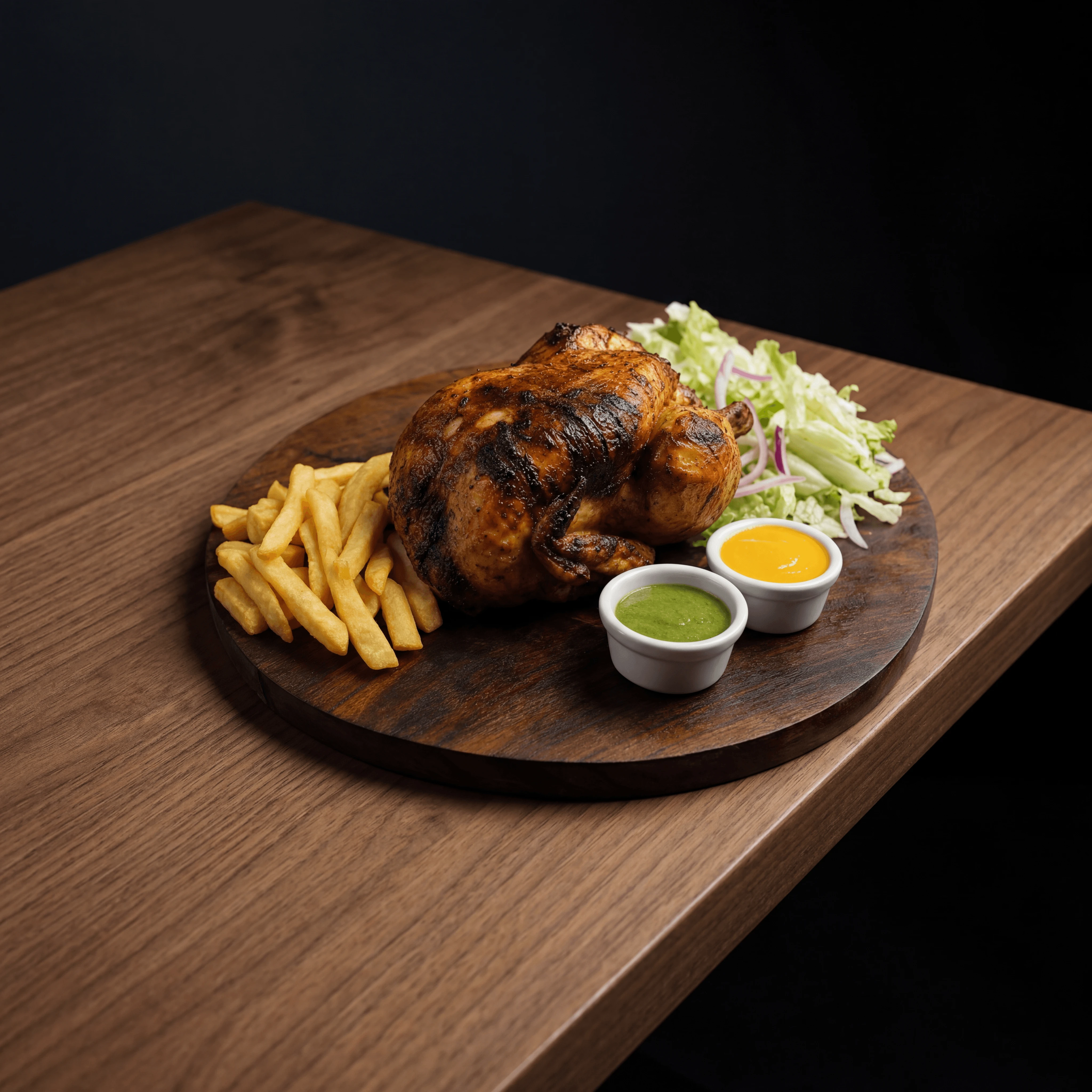 Whole pollo a la brasa rotisserie chicken aji verde dark walnut elegance — pollo a la brasa card photography
