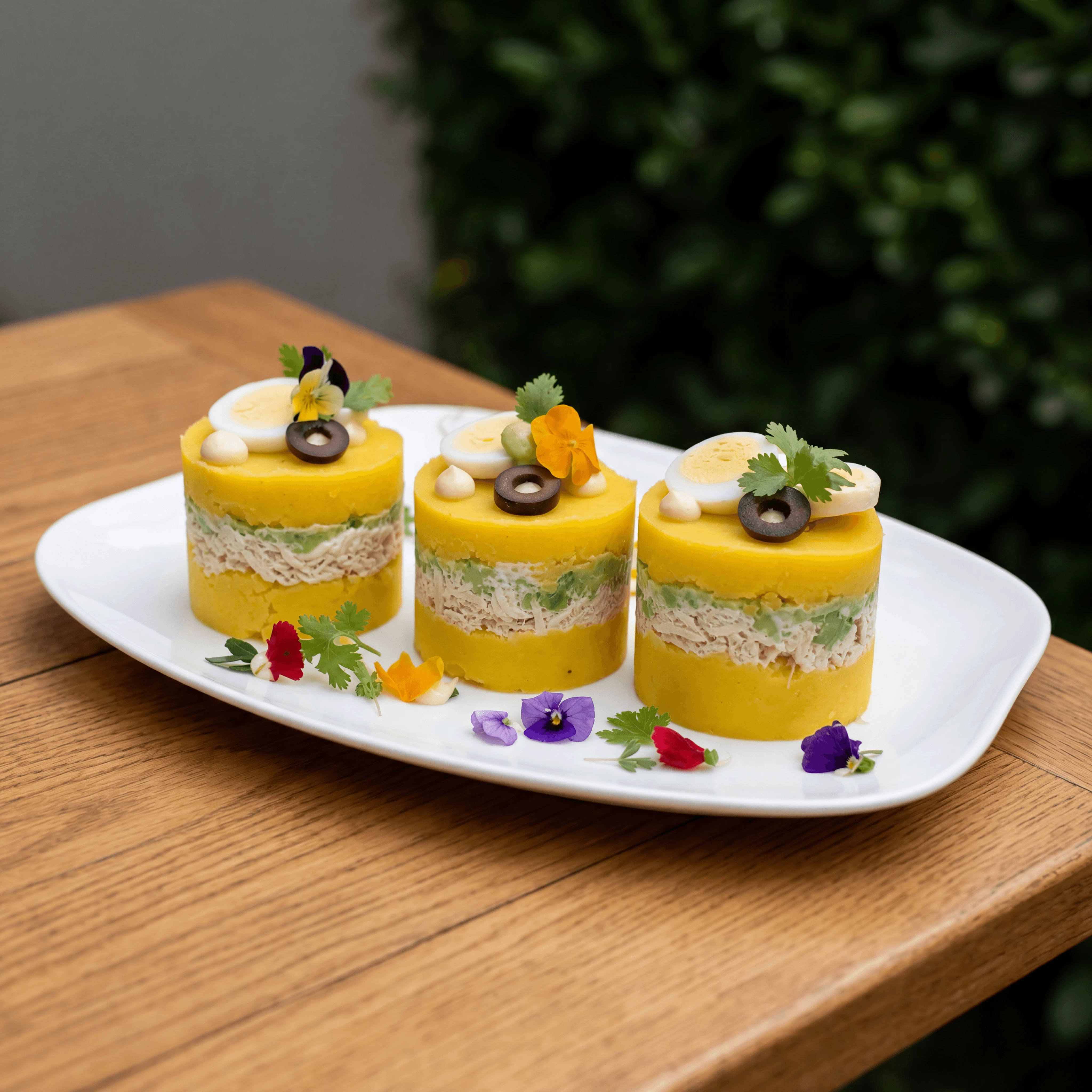 Causa terrine layered yellow potato avocado chicken garden Peruvian — causa rellena card photography