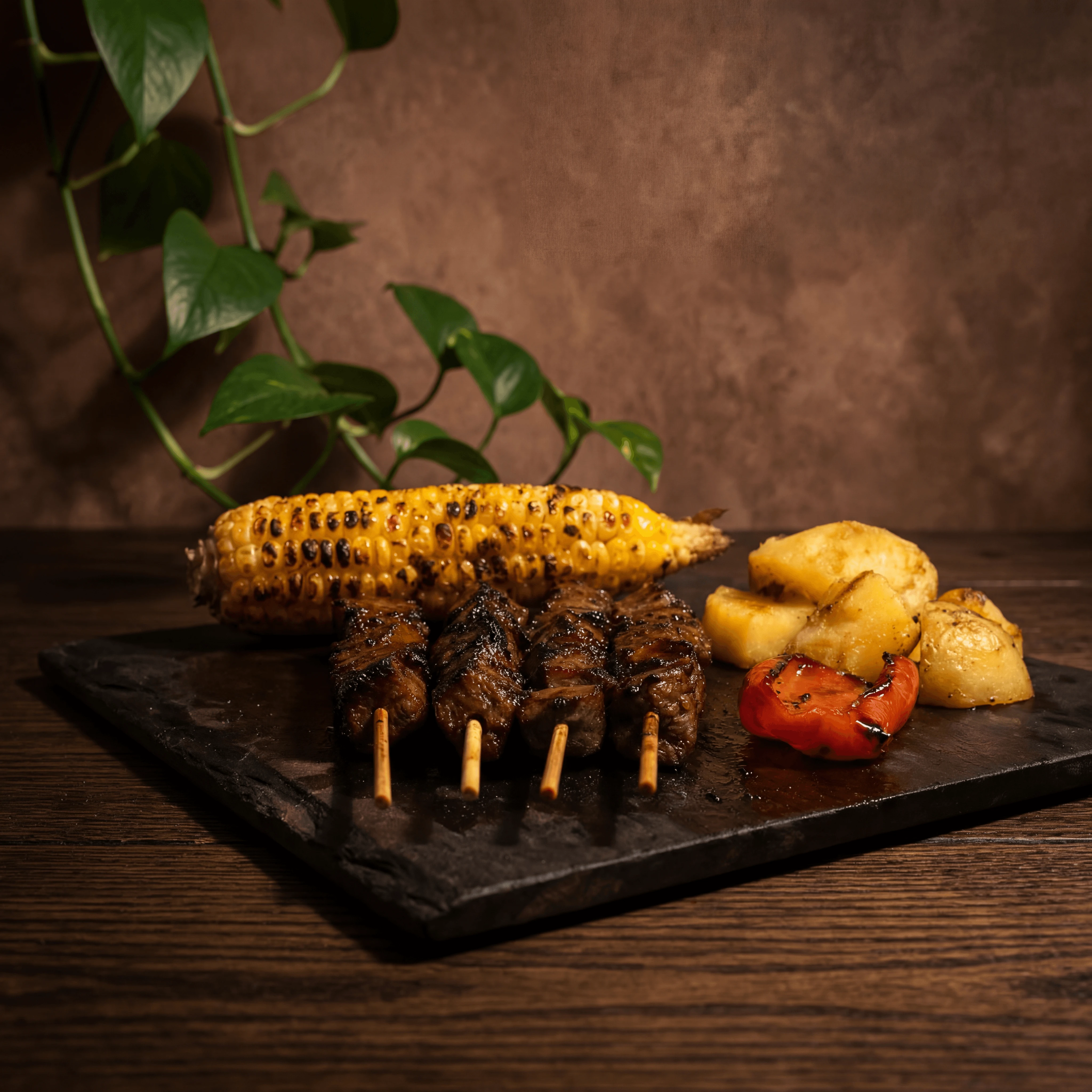 Anticuchos beef heart skewers char dramatic rustic Peruvian street grill — anticuchos card photography