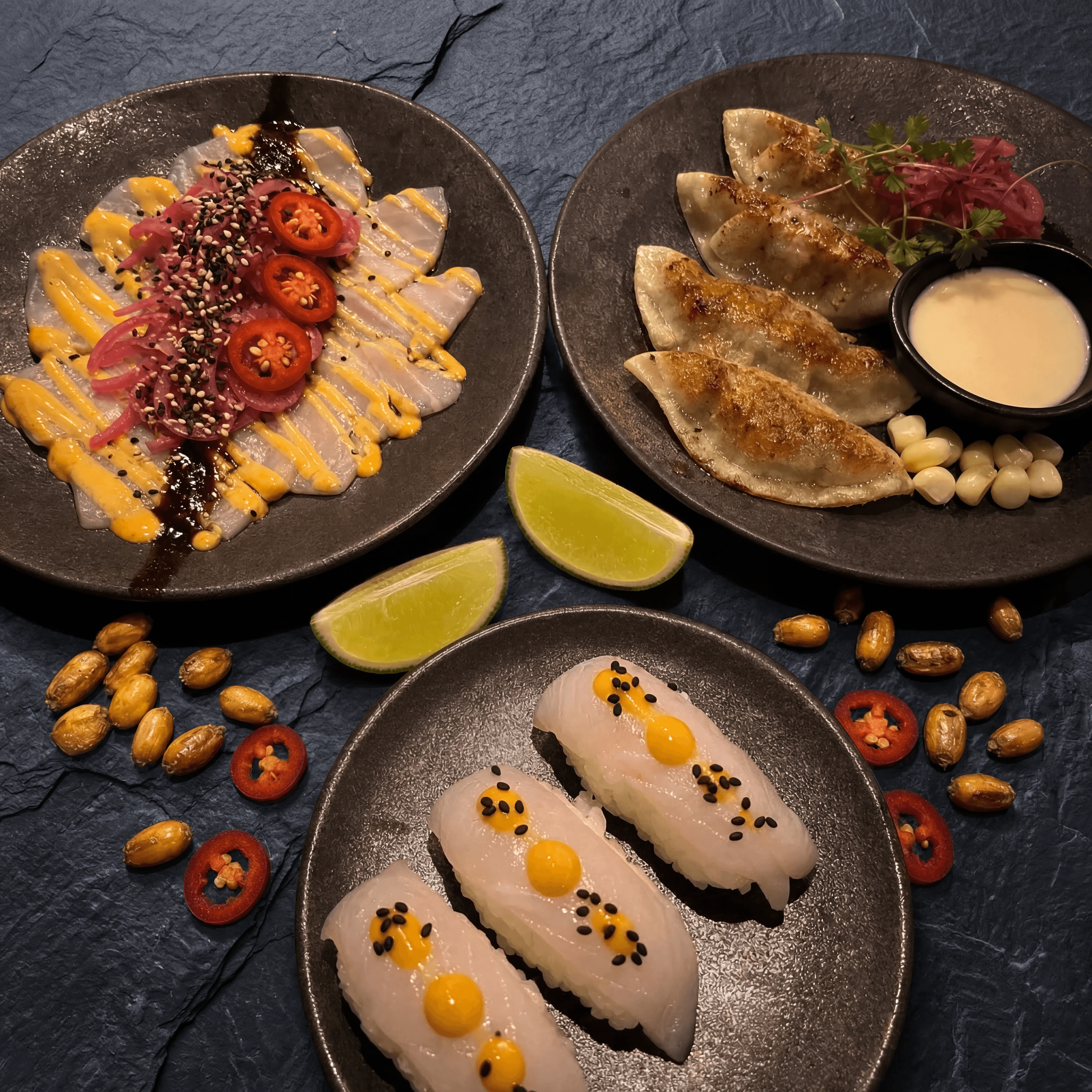 Nikkei tiradito sashimi style aji amarillo cream dark slate top down — Nikkei card photography